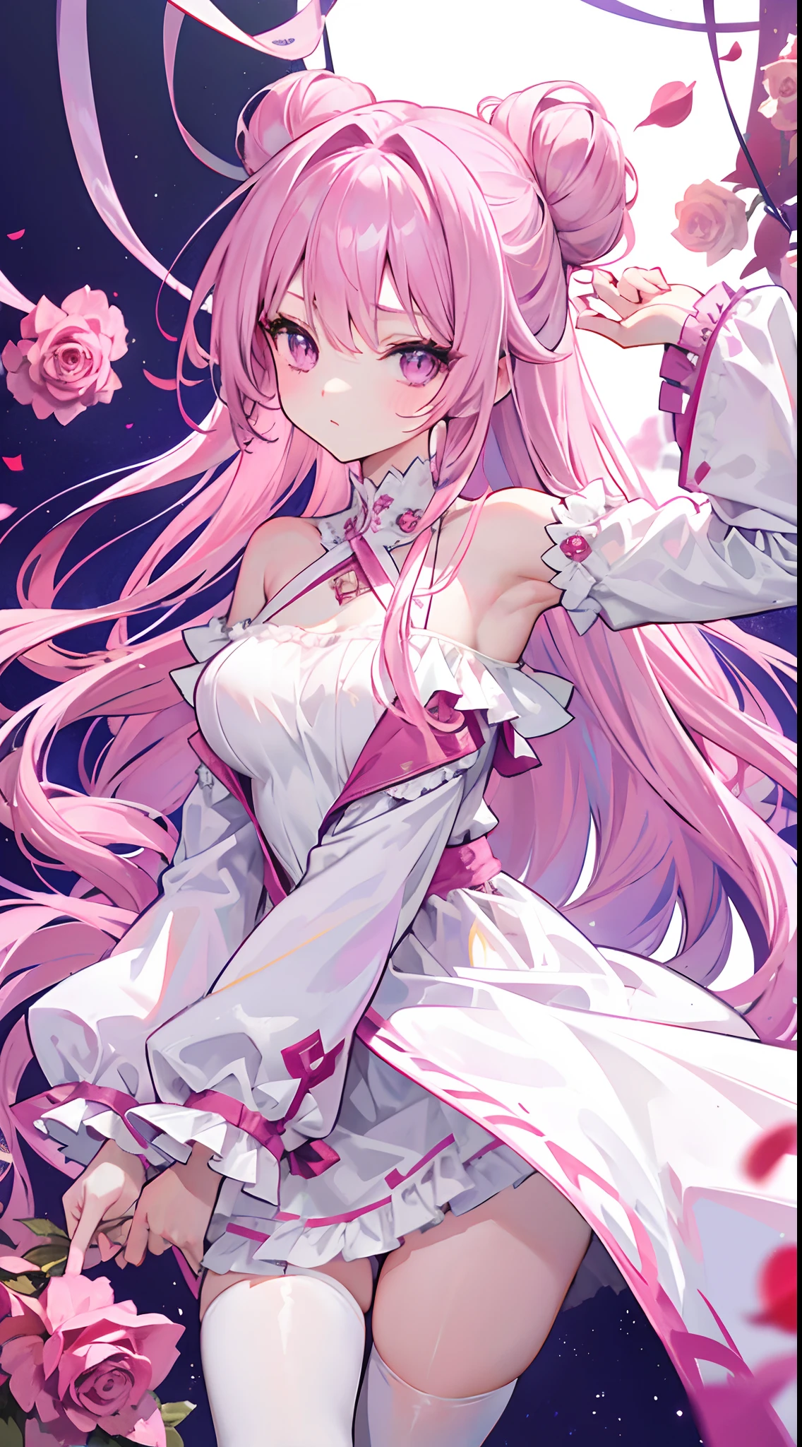 (masterpiece:1.2), Best Quality, (illustration:1.2), (ultra detailed), hyper details, (delicate detailed), (intricate details), (cinematic light, Best Quality Backlights), Delete line, soloist, perfect body, (1 girl), stylized artwork, purple and pink theme, girl, Purple long hair, white empty eyes, pink top, pink roses, see through skeleton overlay, foliage, leaves, Watercolor splash (make up), high contrast, (better lighting, an extremely created and beautiful), (cinematic light), showy,