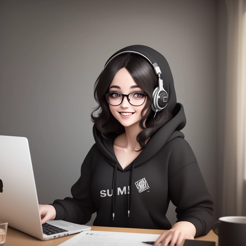 Un lindo estilo de una mujer realista con una sonrisa en la boca, con cabello corto negro oscuro, con gafas, wearing a black hoodie and using headphones and laptop, su nombre es Meryem, y tiene un cuadro moderno con su nombre colgado de la pared, in your home with a homey atmosphere, con cama y escritorio, foto, kinematics, moda, render 3d, producto, realista pintura, typography