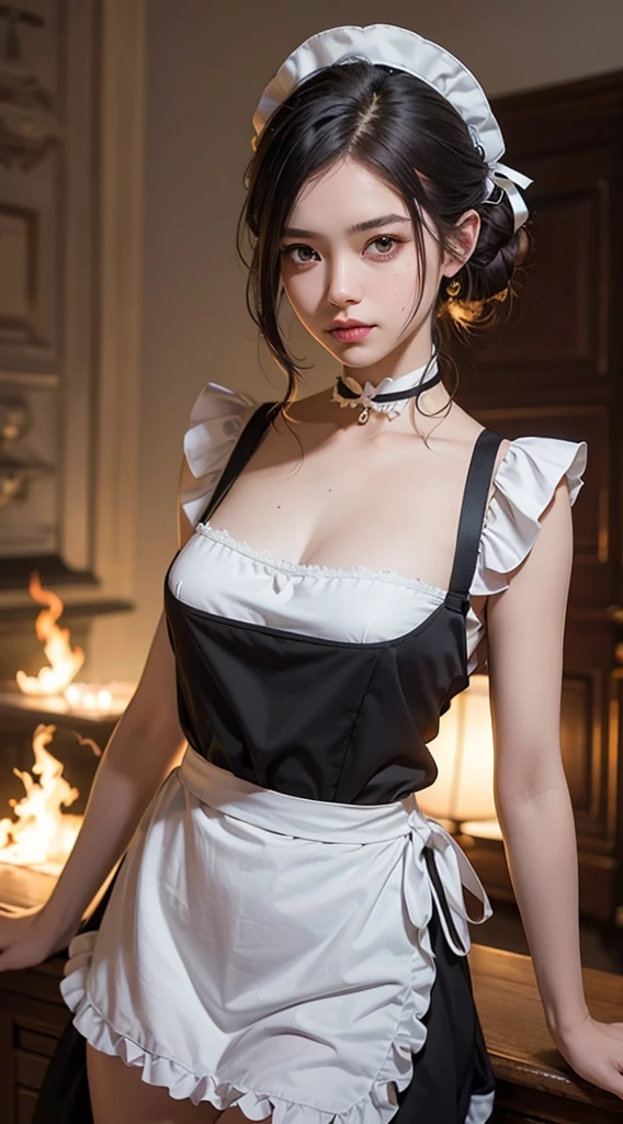 (Raw foto:1.2), masterpiece, in 8K, hight resolution, (Photorealsitic:1.4), hyperrealistic girl, extremely detailed eye and face, beatiful detailed eyes, Realistic face, hight resolution, ighly detailed, top-quality, masterpiece, ighly detailed,, magnifica, mansion, top-quality, Light on the Face, 电影灯光, silber hair, a 20 yo woman, (Smile:0.5), thighs thighs thighs thighs, Head dress, (maid clothes), a black ribbon, White Apron, puff sleeves, collars, a choker, Apron with detailed ruffles, Black Maid Costume, side-tie panty,