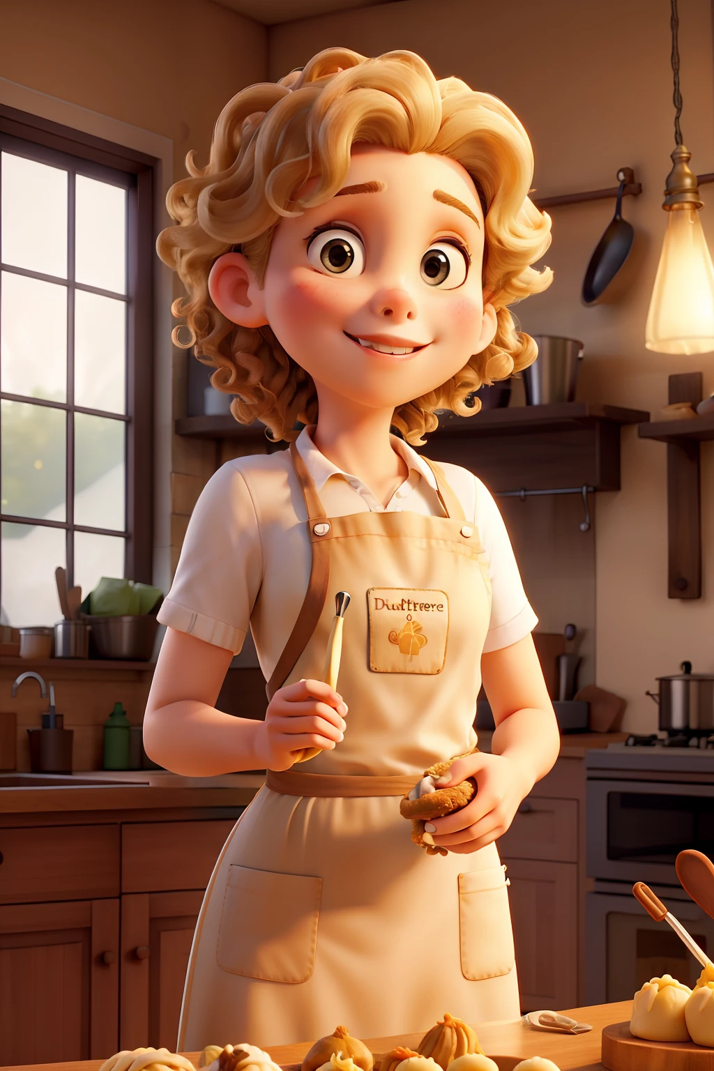 obra-prima, de melhor qualidade, a young pastry chef with curly blonde hair with a fouet in her hand and apron written Culinary Atelier