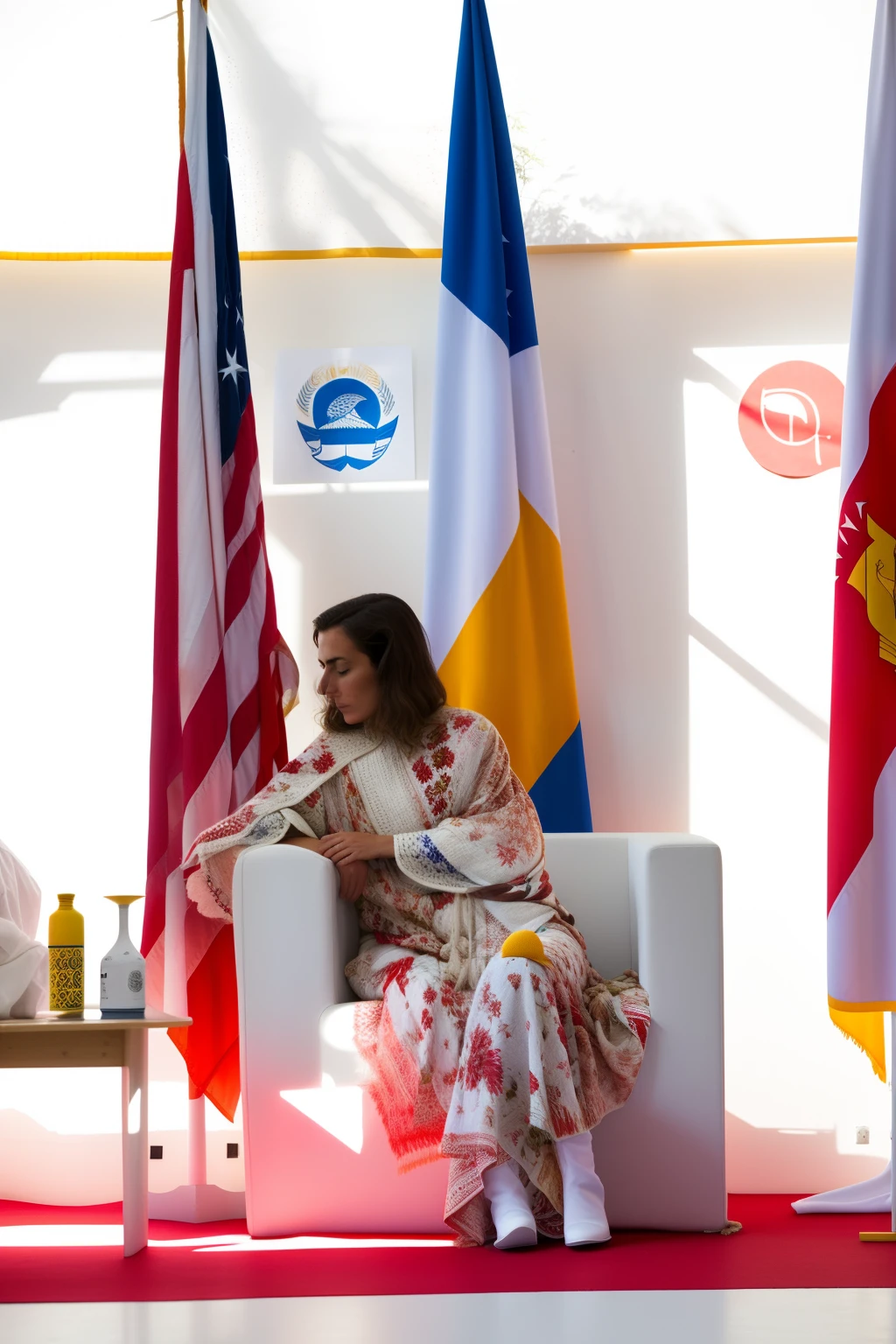 araffe sitting on a white chair in front of a group of flags, by Ceferí Olivé, imane anys, by Matteo Pérez, mami wata, woman, malika favre, monserrat gudiol, kami, sf, laura zalenga, a portrait, by Juan O'Gorman, october, photo from a spectator