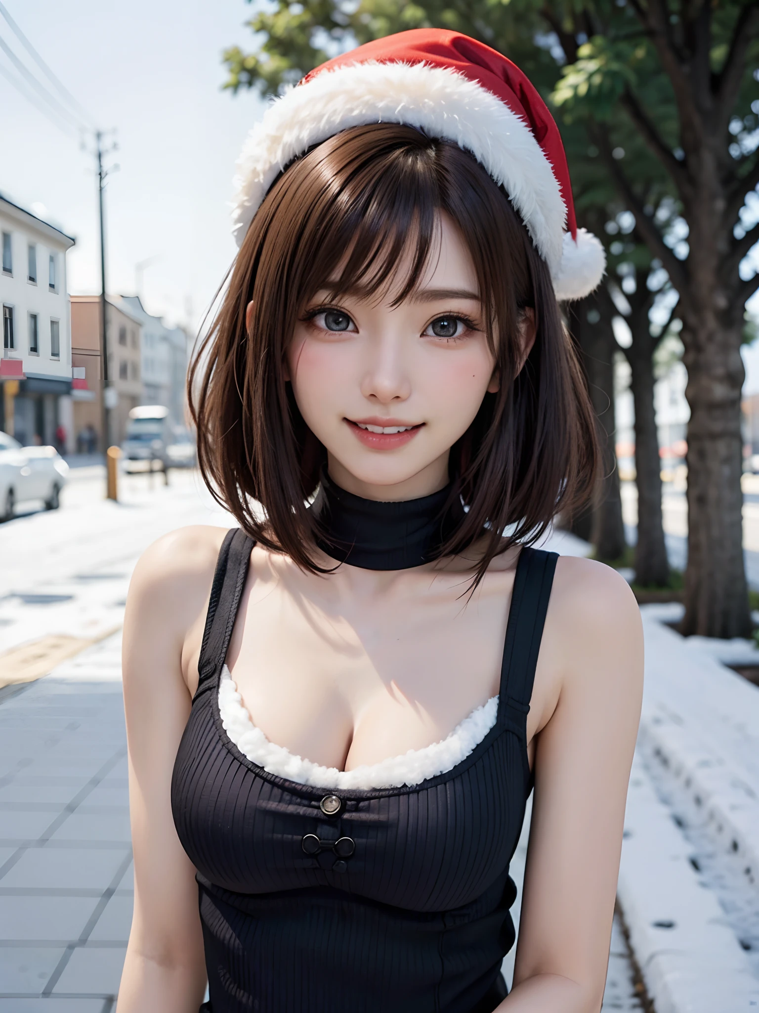 (masutepiece:1.4, top-quality、Very attractive adult beauty with a very cute smile:1.4、Add intense highlights to the eyes:1.4、Look firmly at the camera、Beautiful woman full of adult charm:1.4),1girl in, 独奏, Light brown shiny hair, muffler,Santa Claus hat:1.4,realisitic, looking at the viewers, Bright colored crystal light blue eyes:1.4, short shiny hair, Santa Claus Starneck Knit、 Red and white costume of Santa Claus in a turtleneck with a round hole in the center of the chest:1.4,Sexy red and white turtleneck knit sweater with round hole in the center of chest:1.4、 s lips, lipgloss:1.4,bangss, The upper part of the body、big eye、Lashes、The face is a little red:1.4、Embarrassing)、((Canada's tree-lined streets in winter:1.4))、((Brunette short bob hair with bangs、big eye、Put very strong highlights in your students:1.4、{Gigantic|Big|Huge|Mega} breasts:1.4、very Bigger breasts、gazing at viewer、Very beautiful beauty、Put your ears out:1.4、long neck:1.4、little smiling、Beautiful teeth、Open your mouth and smile:1.4))、28 year old:1.4、Very cute supermodel:1.4、
