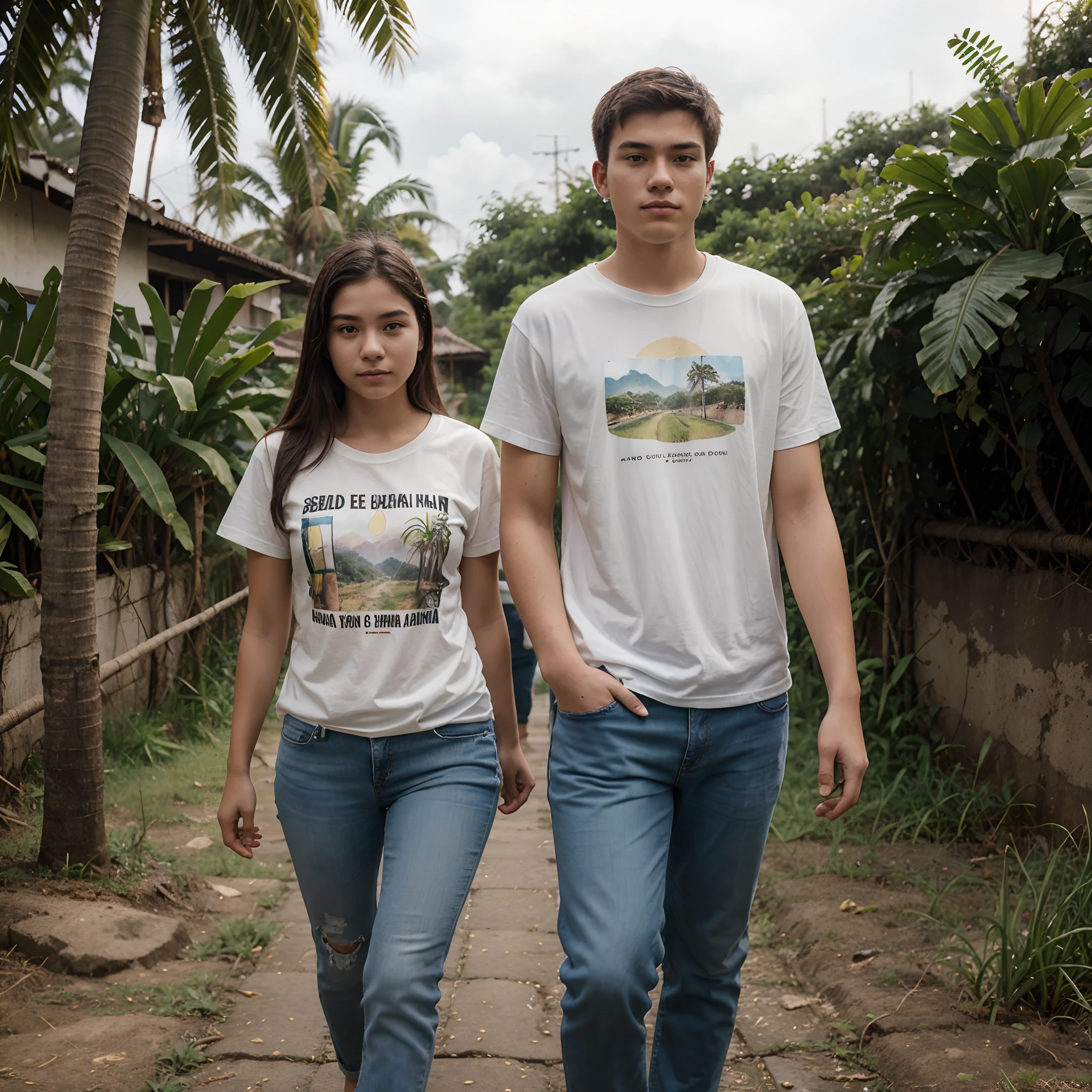 An 18 year old woman and a 20 year old man walking in rice fields and lots of banana trees, wearing t-shirts and jeans