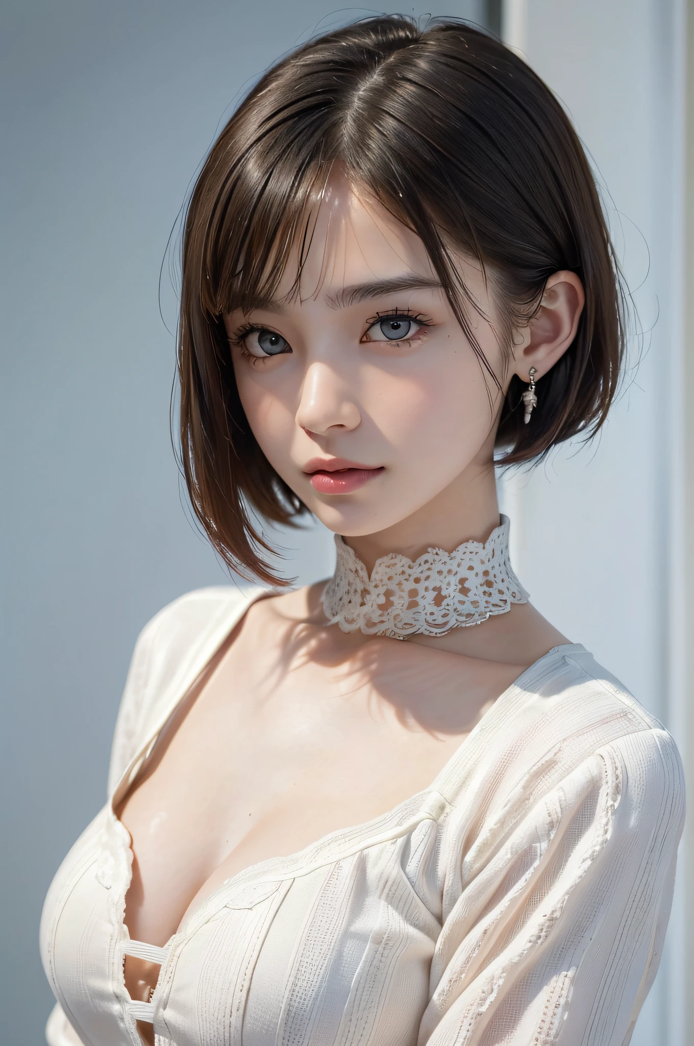 1girl in, Bethel, Blue eyes, Bare shoulders, breasts, tiny chest、 Short hair, Maroon hair, Hair over one eye, Bangs, gloves, Sleeveless, Solo, White camisole, arms behind back, off shoulders, Smile, (masutepiece), (Best Quality), (ultra-detailliert), Indoors, Simple background, Blue flowers,