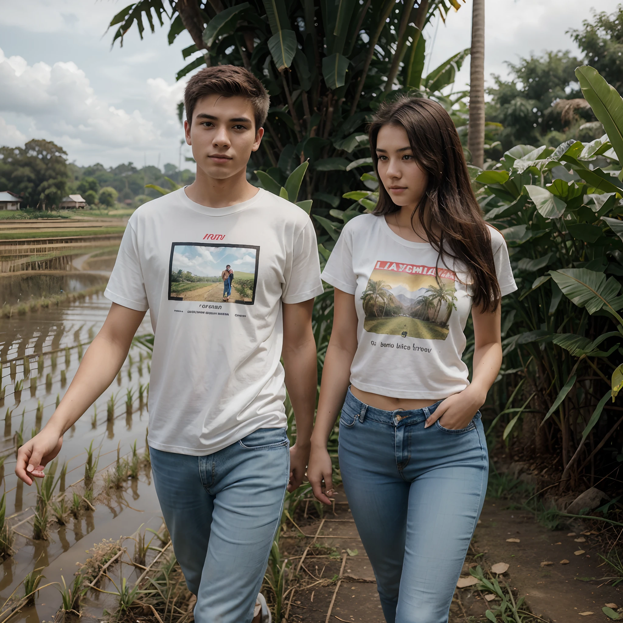 An 18 year old woman and a 20 year old man walking in rice fields and lots of banana trees, wearing t-shirts and jeans