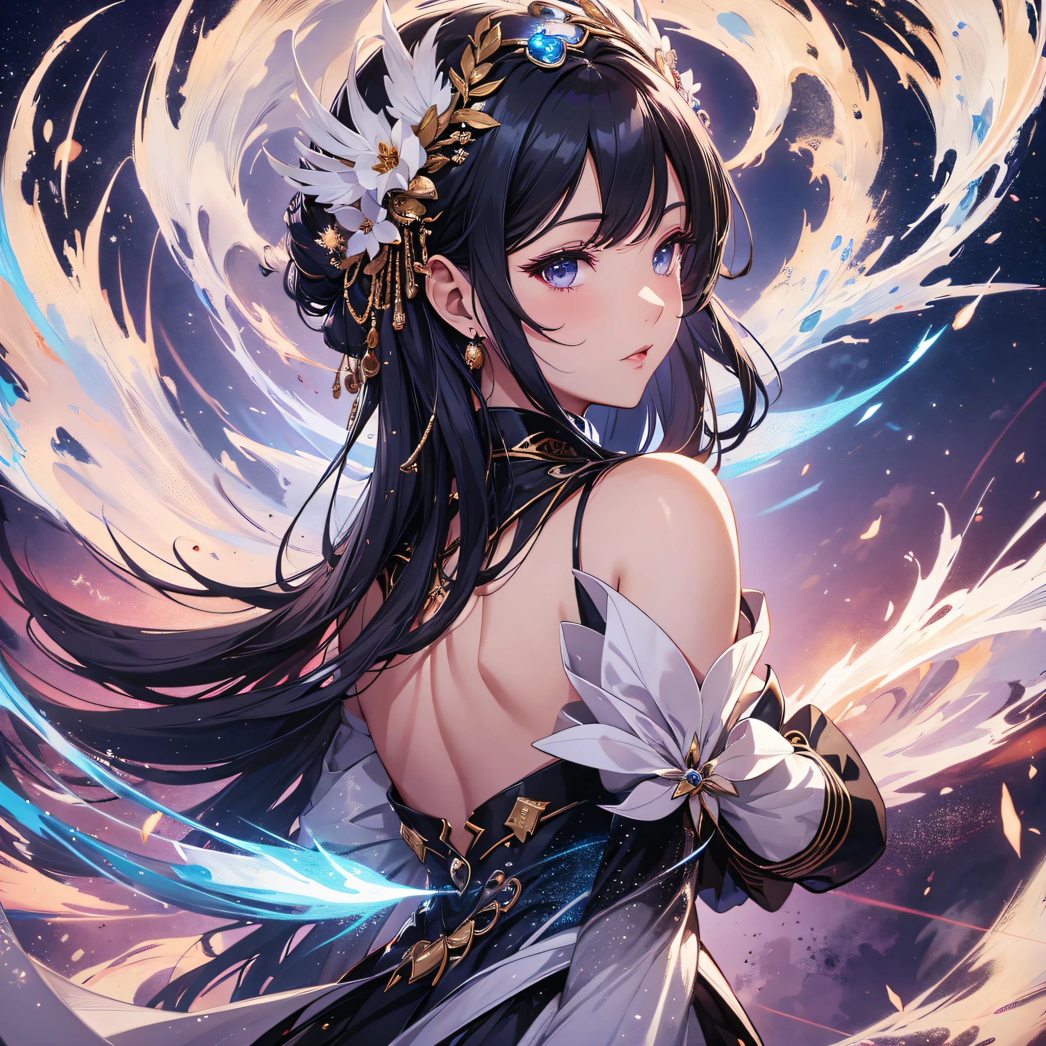 blue hand and thigh wearings, black hair, hair accessories, blue eyes, gold ear decorations, nose, nervous, pale skin, neck, shoulders, small chest, arms, hands emitting energy, thin waist, legs, small thigh, bare round feet, cute, gold stripes on dress, in a sacred palace, standing dominantly, cinematic light, high resolution, highest quality, ultra detailed, detailed face, (detailed eyes), best quality, hyper detailed, masterpiece, (detailed face), clean face, detailed eyes