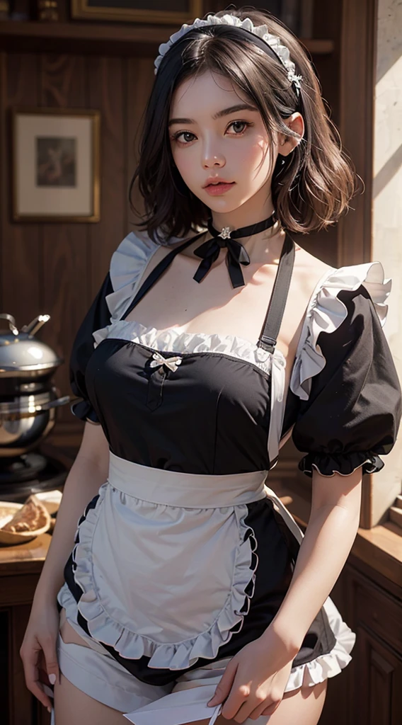 (Raw foto:1.2), masterpiece, in 8K, hight resolution, (Photorealsitic:1.4), hyperrealistic girl, extremely detailed eye and face, beatiful detailed eyes, Realistic face, hight resolution, ighly detailed, top-quality, masterpiece, ighly detailed,, magnifica, mansion, top-quality, Light on the Face, 电影灯光, silber hair, a 20 yo woman, (Smile:0.5), thighs thighs thighs thighs, Head dress, (maid clothes), a black ribbon, White ?????, ???? sleeves, collars, a choker, Apron with detailed ruffles, Black Maid Costume, side-tie panty,