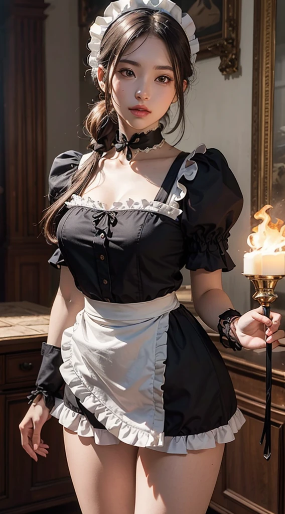 (Raw foto:1.2), masterpiece, in 8K, hight resolution, (Photorealsitic:1.4), hyperrealistic girl, extremely detailed eye and face, beatiful detailed eyes, Realistic face, hight resolution, ighly detailed, top-quality, masterpiece, ighly detailed,, magnifica, mansion, top-quality, Light on the Face, 电影灯光, silber hair, a 20 yo woman, (Smile:0.5), thighs thighs thighs thighs, Head dress, (maid clothes), a black ribbon, White Apron, puff sleeves, collars, a choker, Apron with detailed ruffles, Black Maid Costume, side-tie panty,