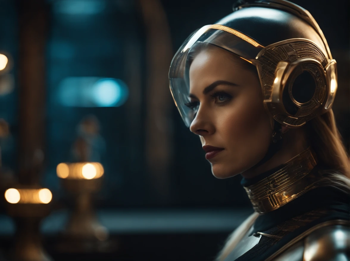 best quality, portrait of a beautiful woman i futuristic mask inspired by an ancient egypt mask, details, gold, silver, transparent limestone, stones, scarab beetle, microchips, cabels, electric glow, retro futurism, space colony in background, mecha-girl, experimental and futuristic cybernetic details, vibrant, star trek, ultra-modern, Cinematic, Ultra detailed, professional. Cybernetics, Human-machine integration, dystopian, Highly detailed, eyes covered by a transparent visor, transparent eye protection, blond hair, scandinavian look. light saber in her hand which she is holding upright close to her head