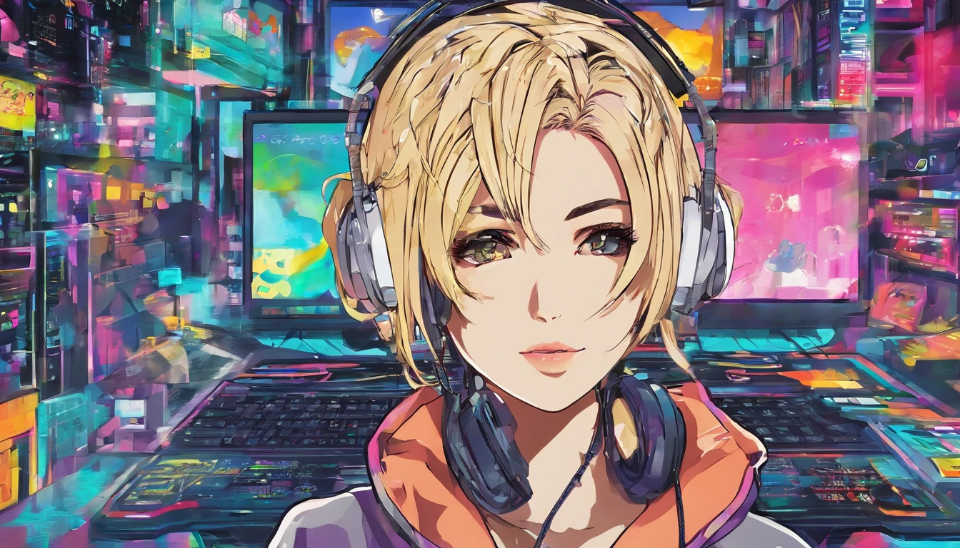 4 cards cartoon style, cyberpunk, short hair, thick eyebrows, digital punk, anime style 4K, short sleeve gaming , blonde hair, computer room, overhead gaming headset