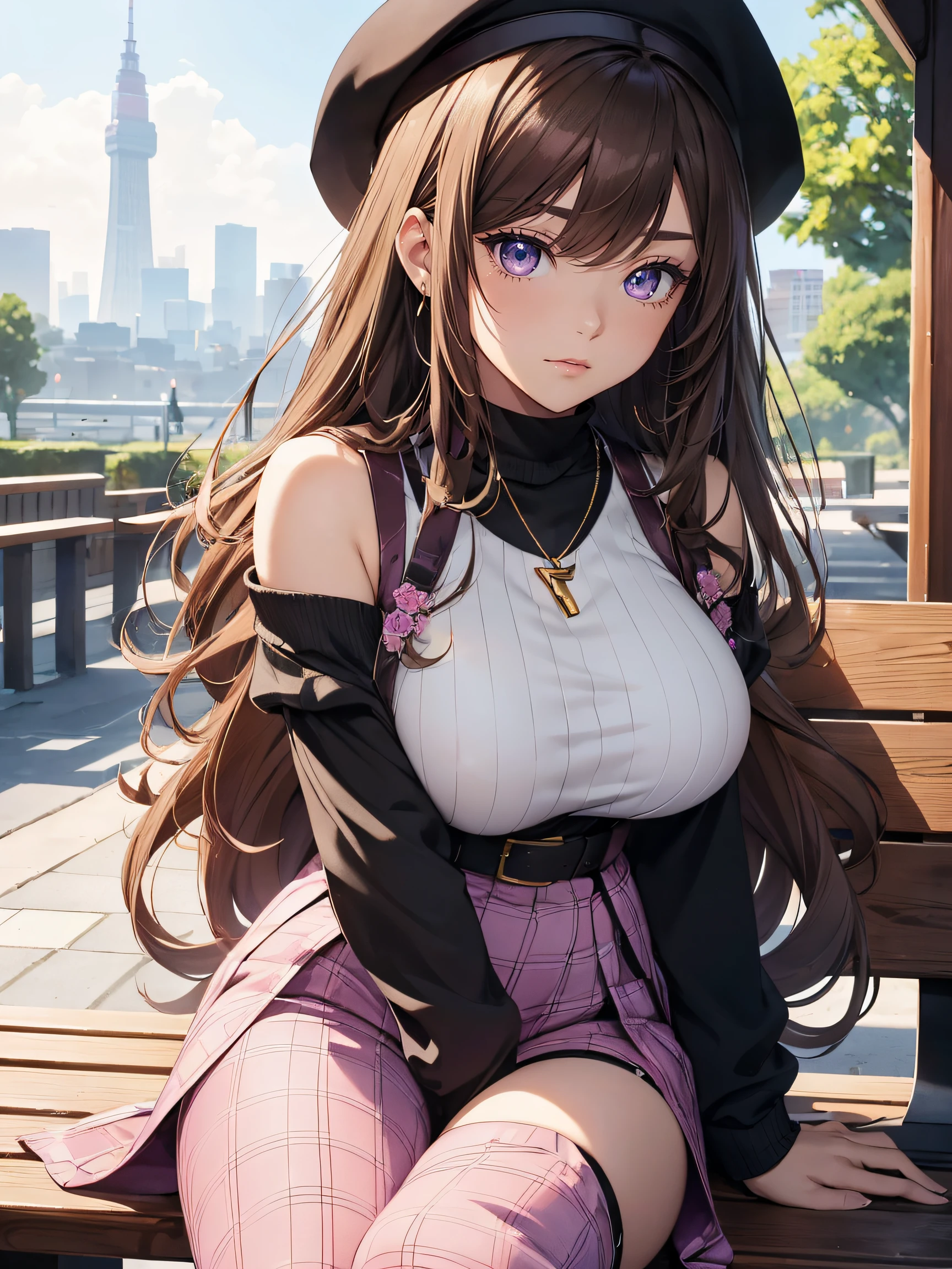hiquality, hight resolution, ultra-detailliert, high-level image quality, hightquality, anime illustrated, (finely detailed beautiful eye: 1.2), Detailed eye depiction, (finely detailed eyes and detailed face:1.3), (extremely details CG, Best Shadow:1.1), Depth of field and blur, (Perfect Detail: 1.1) , digitial illustration, Enamel Art, Center, Watercolor painting, art stations, concept-art, character sheets, Lightning Wave, beautiful anime watercolors, Vibrant colors, Sharp Focus, art by:hyung tae kim, Fine detail, intricate detailes, highleg, Colossal tits, gargantuan butt、Curvaceous body, Detailed eye depiction, Vibrant colors, Sharp Focus, realistic skin textures、Whip body,Long straight hairstyle, (brown) Hair color, (Purple) eyeshadows, (Pink) Lip color, (Black) off-shoulder knit, (Gray) Wide plaid pants, (white) sneakers, As for accessories (gold) Heart Pendant, (gold) bangle, (Black) beret, The background shows a person sitting on a park bench with a view of Tokyo Tower, Looking at your phone while waiting for someone.