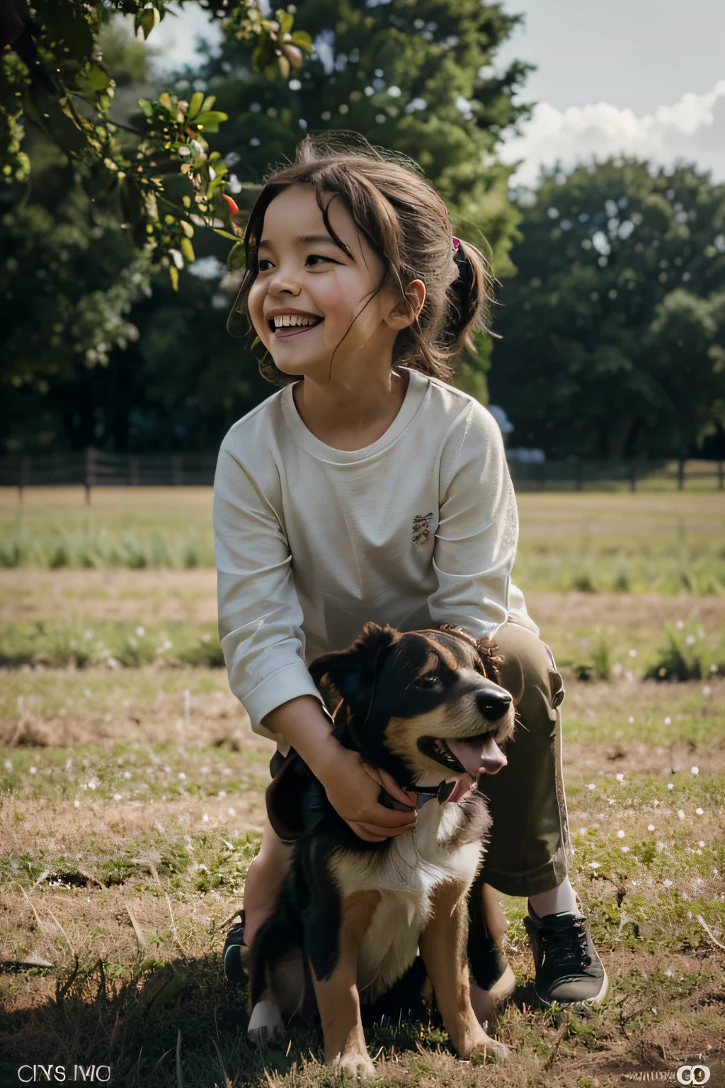 Please create an image of the highest quality with advanced details and a cinematic style. The scene should depict a  playing with a dog in a beautiful field. Ensure you capture the joy and spontaneity of the interaction between the child and the dog, as well as the natural beauty of the surrounding scenery. The image should convey the feeling of happiness and freedom, as if it were a movie scene. Attention to detail is essential to create a realistic and emotionally captivating representation of this lovely moment.