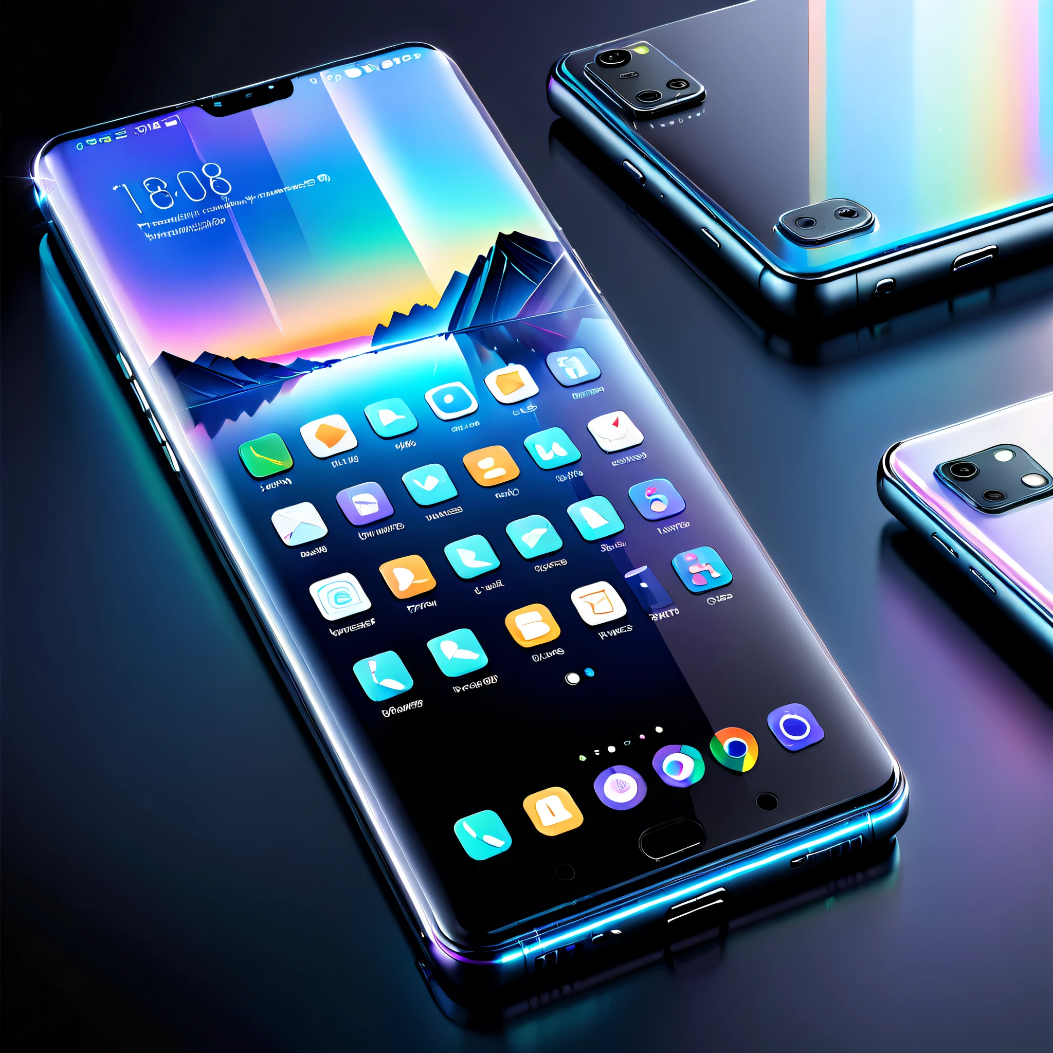 An image of the design of a future Huawei phone, A smartphone with a crystal glass structure, Holographic hard light screen, The scene shows different applications, Futuristic technology，Deploy Linux applications on your phone, Android icon, Linux icon, Smooth lines, High-tech icons, Cyberpunk , Simple icons, Unix terminals, Mono Color, Clean user interface with high contrast, Concise background，Mobile advertising，art  stations，(The front and back of future Huawei phones are in the same picture)，phone，Phone case