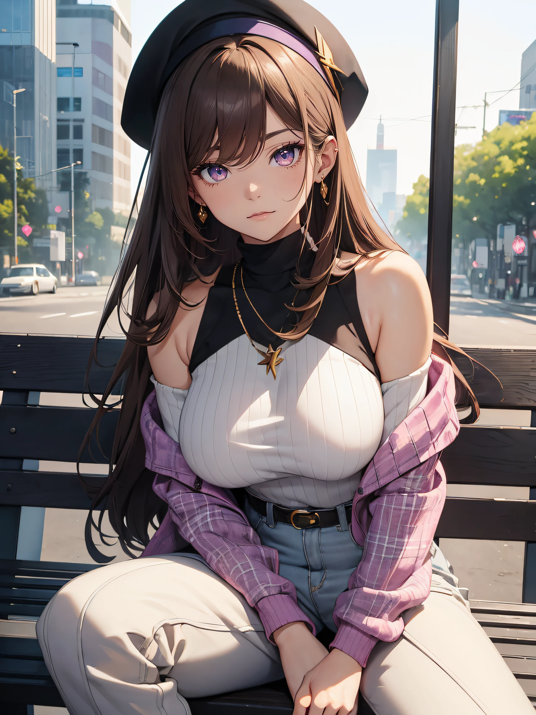 hiquality, hight resolution, ultra-detailliert, high-level image quality, hightquality, anime illustrated, (finely detailed beautiful eye: 1.2), Detailed eye depiction, (finely detailed eyes and detailed face:1.3), (extremely details CG, Best Shadow:1.1), Depth of field and blur, (Perfect Detail: 1.1) , digitial illustration, Enamel Art, Center, Watercolor painting, art stations, concept-art, character sheets, Lightning Wave, beautiful anime watercolors, Vibrant colors, Sharp Focus, art by:hyung tae kim, Fine detail, intricate detailes, highleg, Colossal tits, gargantuan butt、Curvaceous body, Detailed eye depiction, Vibrant colors, Sharp Focus, realistic skin textures、Whip body,Long straight hairstyle, (brown) Hair color, (Purple) eyeshadows, (Pink) Lip color, (Black) off-shoulder knit, (Gray) Wide plaid pants, (white) sneakers, As for accessories (gold) Heart Pendant, (gold) bangle, (Black) beret, The background shows a person sitting on a park bench with a view of Tokyo Tower, Looking at your phone while waiting for someone.