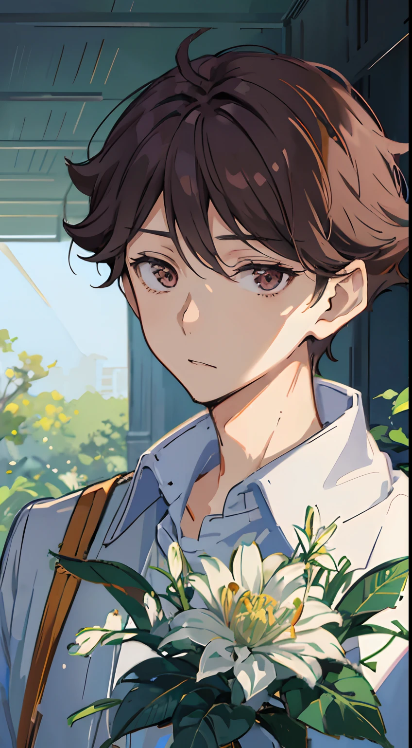 1 man, oikawa tooru, looking in front, facing forward, looking at viewer, perfect face, flowers, plants, cinematic lighting, innocent expression, prince outfit, detailed shading, details