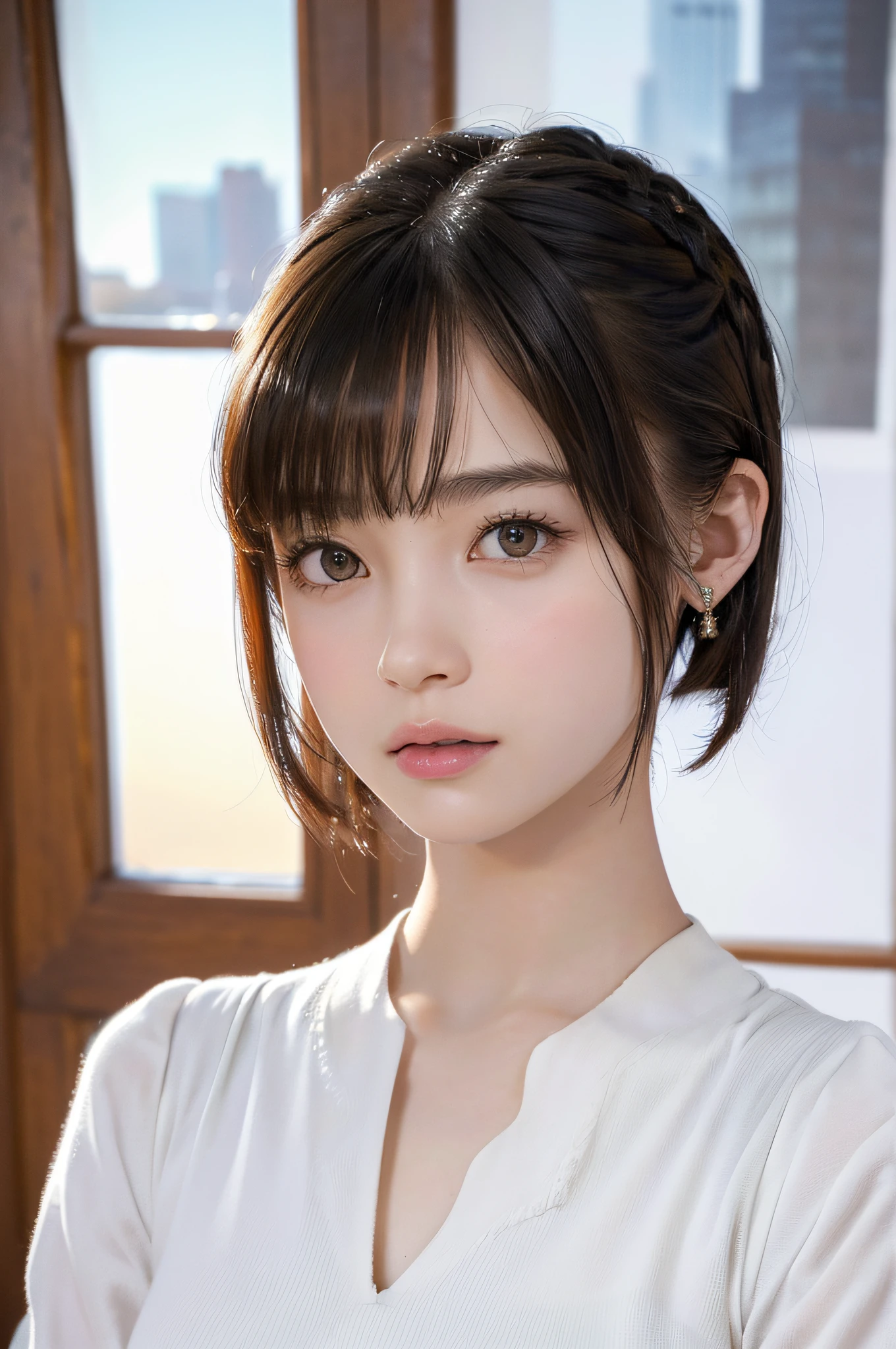 (8k, RAW photos, top quality, masterpiece: 1.2), ultra detailed, super resolution, (real, real photos: 1.37), portraits, high definition RAW color photos, professional photos, very detailed and beautiful, highly detailed, 8k wallpapers, amazing details, huge file size, official art, highly detailed CG Unity 8k wallpapers, highly detailed beautiful girls, highly detailed faces, Highly Detailed Eyes, Highly Detailed Skin, Highly Detailed Fingers, Very Detailed Nose, Highly Detailed Detailed Mouth, Perfect Anatomy, Detailed Background, Detailed Clothes, One Girl, (20:1.2), 20s, Cute Girl, Realistic Body, Petite, White Skin, Radiant Skin, Slim Body, Black Hair, Short Hair, (Blunt Bangs: 1.2), Cute, Youthful, Pretty Face, Realistic Face, Delicate Eyes, Sale Eyes, ( (Fashionable winter clothes)), ((Up)), ((((Short hair)))), Earrings, Looking at the camera, Cowboy shot, Facing Front, Standing Posture, Contrapposto, Dynamic Lighting, C Cup Breasts,