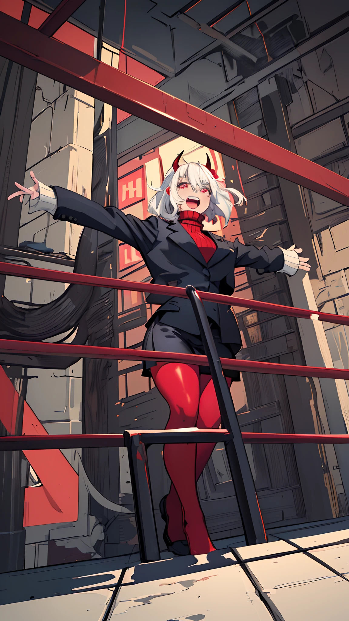 (masterpiece, best quality:1.2), cowboy shot, solo, 1girl, htmodeus, laughing, happy, open mouth, looking at viewer, white medium short hair, black horns, daemon tail, heart-shaped pupils, formal, black jacket, red sweater, turtleneck, sleeves past wrists, black skirt, red pantyhose