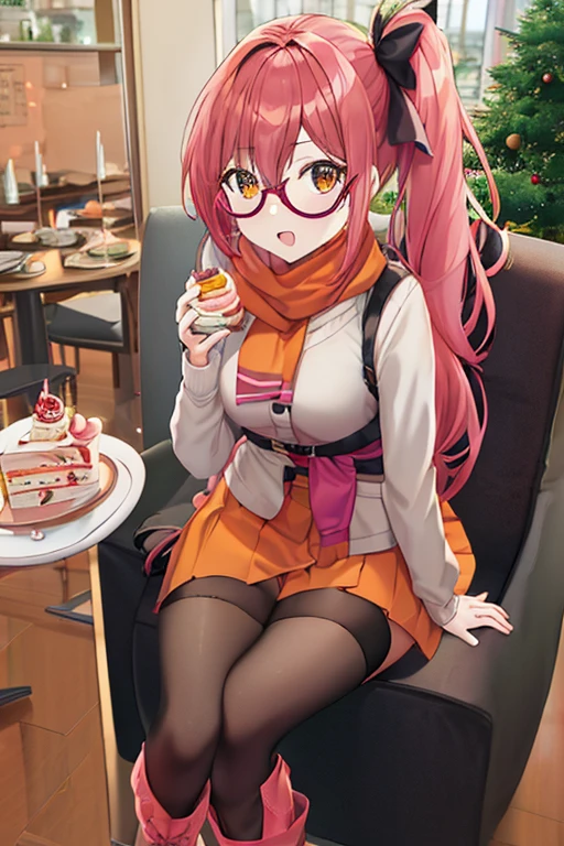 Full body girl with pink colored hair, side ponytail, long hair, orange eyes, wearing winter clothes, skirt, a hair ribbon, glasses, an orange scarf, black thighhighs and boots, sitting on a chair in front of a table with a cake on top