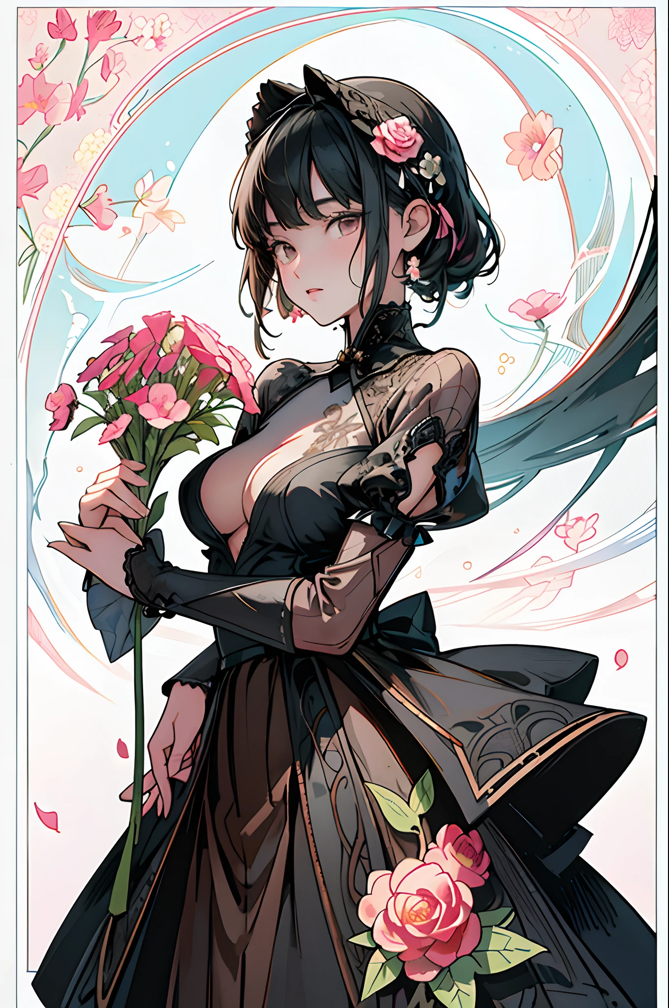 (masterpiece、top-quality、top-quality、Official art、Beautifully Aesthetic:1.2)、(1girl in:1.3)、ighly detailed、(Fractal Art:1.1)、(Color:1.1) (Colorful flowers:1.3)、(line-drawing)、line-drawing、Pen drawing、Zentangle、(Tattoo patterns:1.2)、(complex lines)、(masterpiece)、(top-quality:1.1)、(ultra-detailliert)、The best illustrations、finely detail、hand-drawn high quality、highly contrast、(Clean lines:1.3)、ligne claire、(portlate)、(very closeup:1.1)、1 girl in、独奏、(intricate-detail:1.3)、(detailedbackground:1.2)、(coloured background:1.1)、Sketched、intricate-detail、hight resolution