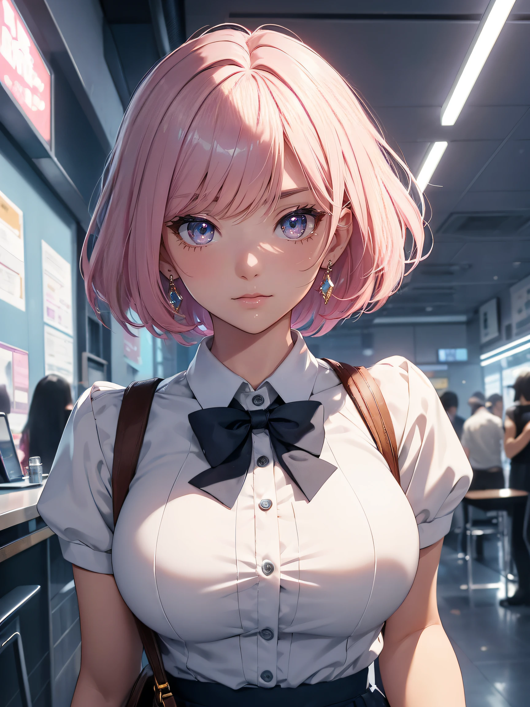 hiquality, hight resolution, ultra-detailliert, high-level image quality, hightquality, anime illustrated, (finely detailed beautiful eye: 1.2), Detailed eye depiction, (finely detailed eyes and detailed face:1.3), (extremely details CG, Best Shadow:1.1), Depth of field and blur, (Perfect Detail: 1.1) , digitial illustration, Enamel Art, Center, Watercolor painting, art stations, concept-art, character sheets, Lightning Wave, beautiful anime watercolors, Vibrant colors, Sharp Focus, art by:hyung tae kim, Fine detail, intricate detailes, highleg, Colossal tits, gargantuan butt、Curvaceous body, Detailed eye depiction, Vibrant colors, Sharp Focus, realistic skin textures、Whip body,Short bob hairstyle, (Pink) Hair color, (Gray) eyeshadows, (Blue) Lip color, (white) Bow tie blouse, (navy) Long pleated skirt, (Red) pumps,Accessory is an 8K diamond necklace (Silver) chain, (gold) earrings, (orange) tote bags,The background is、Standing in front of 109、It is a young girl in a clean uniform waiting for someone.
