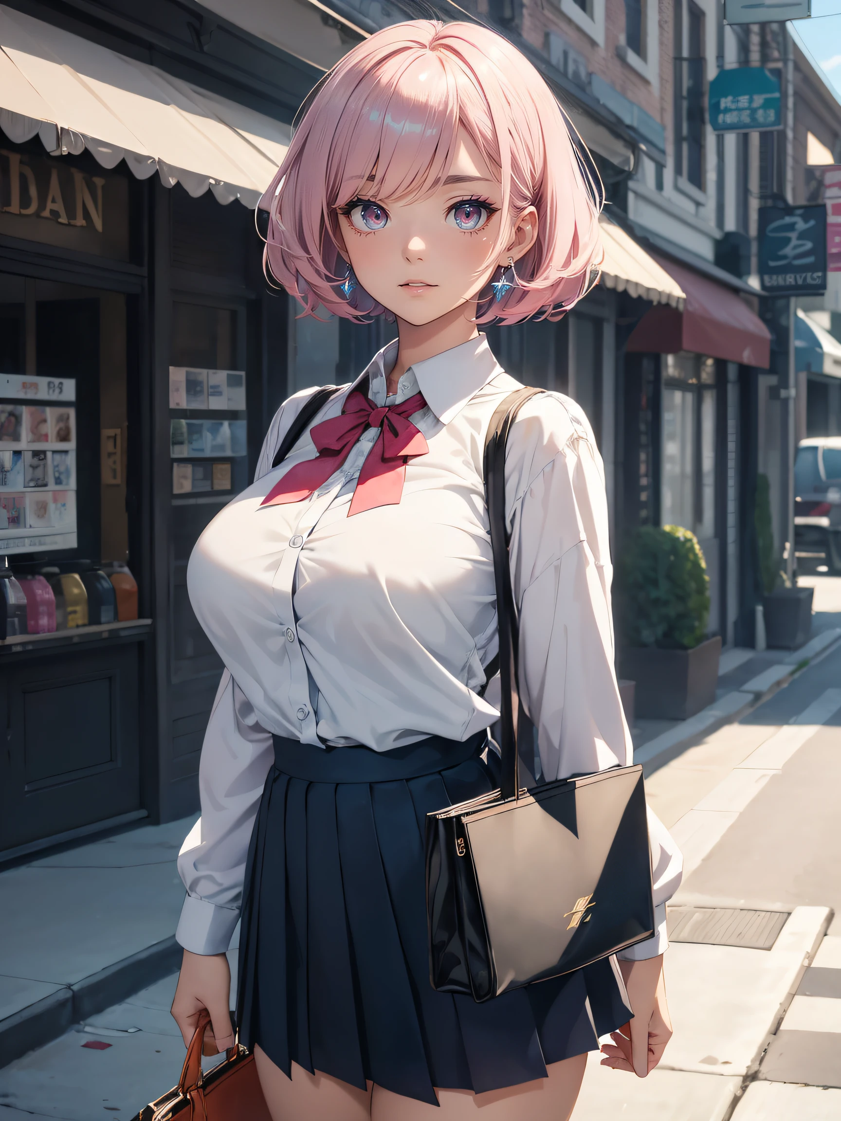 hiquality, hight resolution, ultra-detailliert, high-level image quality, hightquality, anime illustrated, (finely detailed beautiful eye: 1.2), Detailed eye depiction, (finely detailed eyes and detailed face:1.3), (extremely details CG, Best Shadow:1.1), Depth of field and blur, (Perfect Detail: 1.1) , digitial illustration, Enamel Art, Center, Watercolor painting, art stations, concept-art, character sheets, Lightning Wave, beautiful anime watercolors, Vibrant colors, Sharp Focus, art by:hyung tae kim, Fine detail, intricate detailes, highleg, Colossal tits, gargantuan butt、Curvaceous body, Detailed eye depiction, Vibrant colors, Sharp Focus, realistic skin textures、Whip body,Short bob hairstyle, (Pink) Hair color, (Gray) eyeshadows, (Blue) Lip color, (white) Bow tie blouse, (navy) Long pleated skirt, (Red) pumps,Accessory is an 8K diamond necklace (Silver) chain, (gold) earrings, (orange) tote bags,The background is、Standing in front of 109、It is a young girl in a clean uniform waiting for someone.