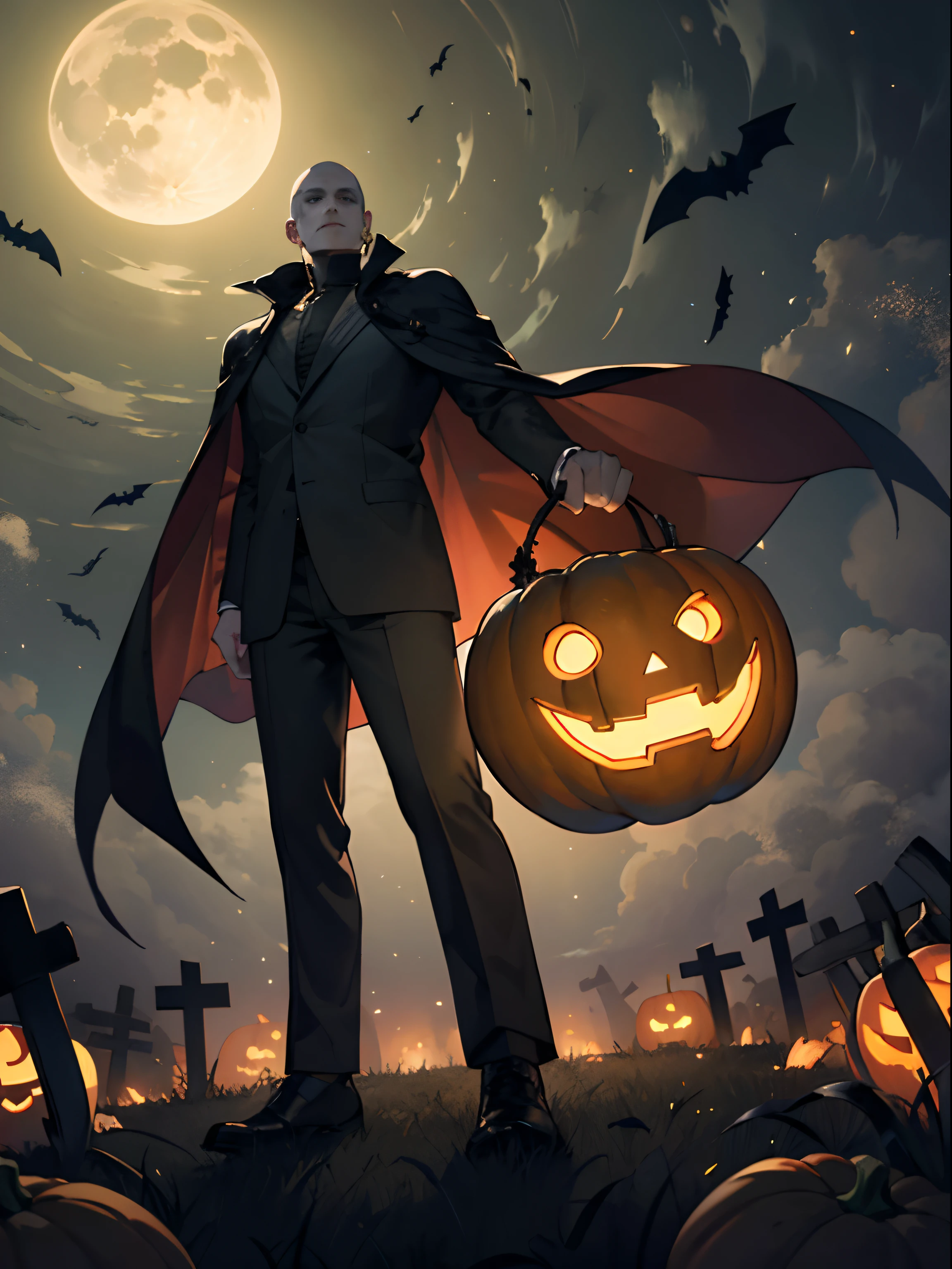 (((masterpiece))),best quality, 1 man, cape, suit, Jack O' Lanterns, in a graveyard, eerie, moonlit, foggy Halloween night, spooky ambiance, wide-angle shot