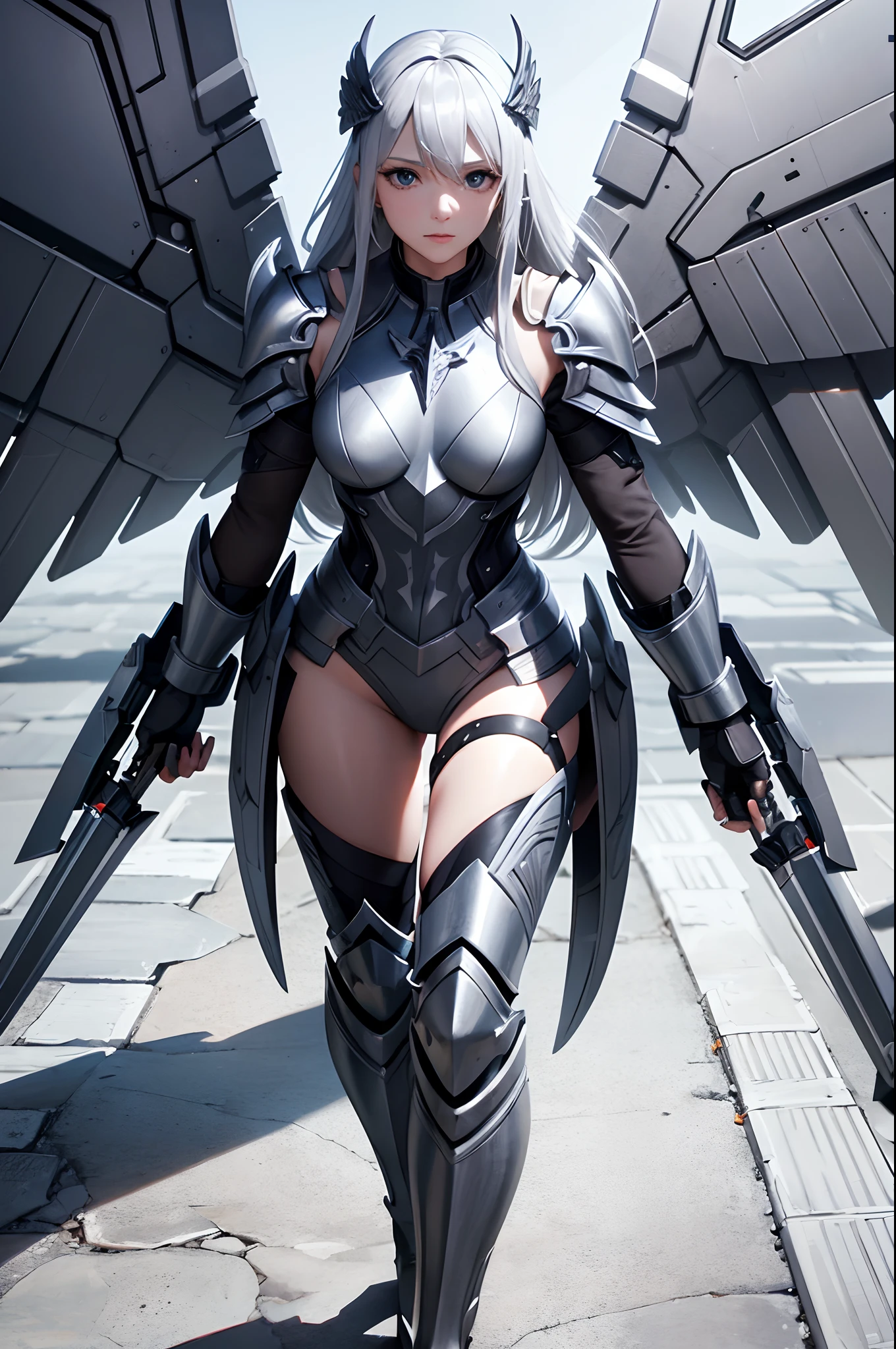 valkyrie, silver hair, long hair, armored wings
masterpiece, best quality, sharp focus, 8k, cinematic lighting, dynamic angle,