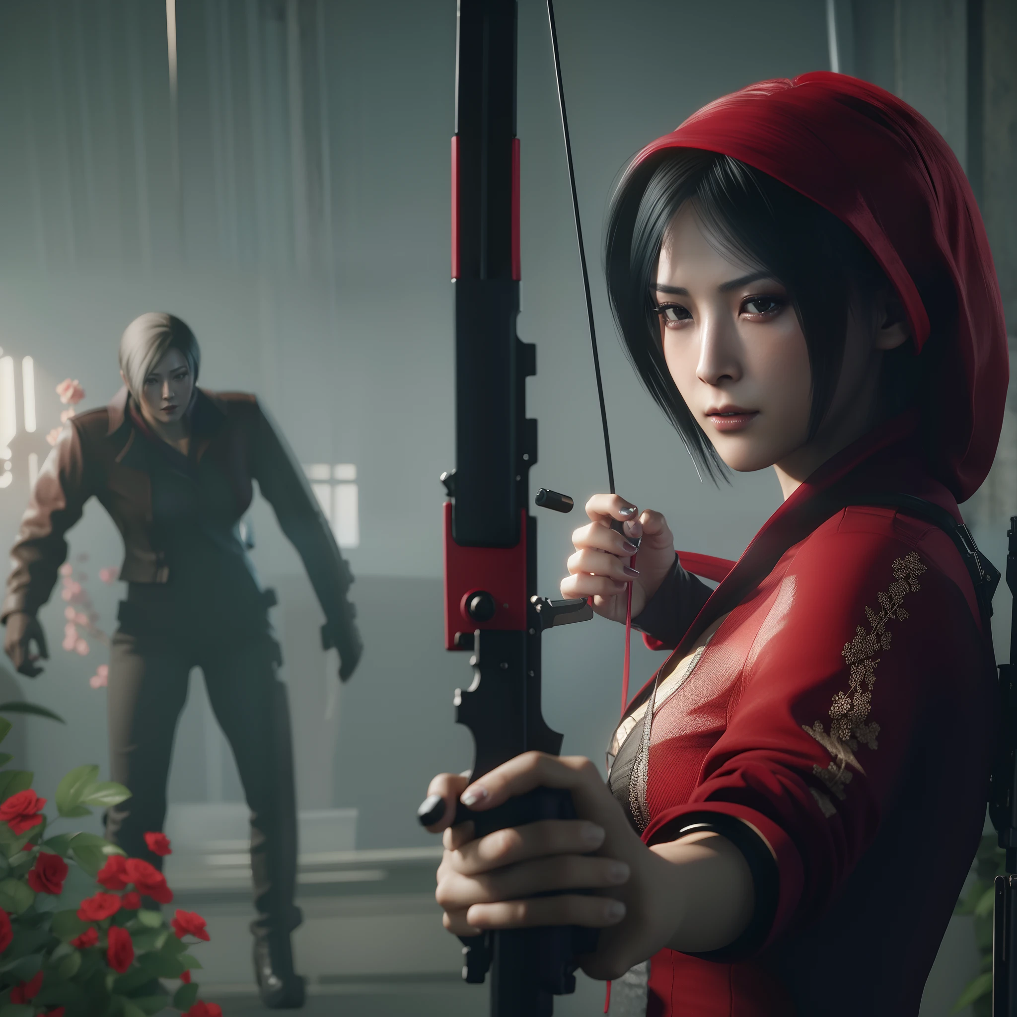 Ada wong, beautiful face, bob hair, perfect Face, wearing mini red rose dress hoody, black nail polish, glare expression, holding a gun