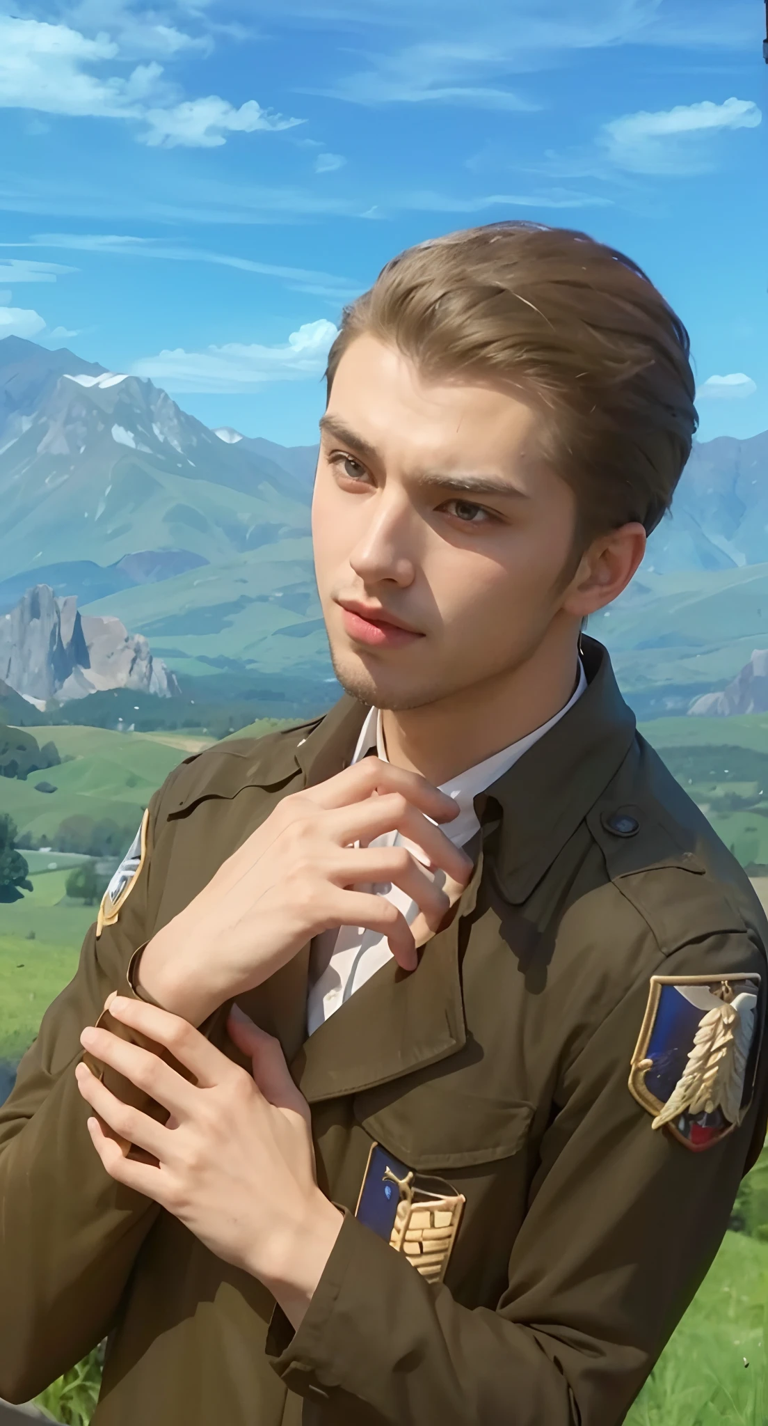 Real life adaption of this character, handsome face,realistic same hair, (realistic same outfit), realistic same background , realistic light, realistic shadow, realism, hyper realistic,(photorealistic:1.2)