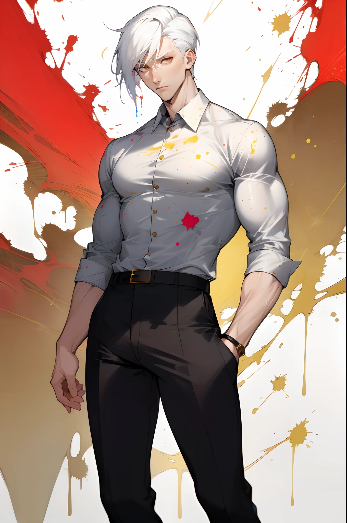 Handsome man , White hair , very Short hair , gold eyes , light skin , mature man , pale skin , muscular, tall , age 35 , 


Wearing a trendy lace shirt , black pants , paint splatter background , studio , movie quality art
