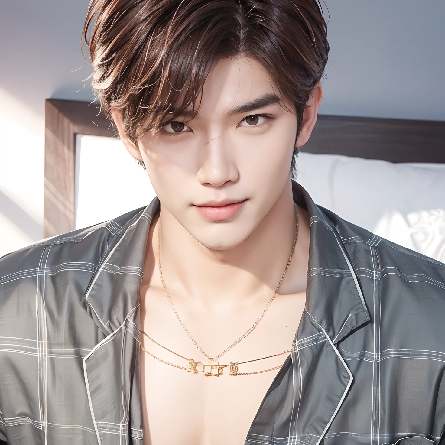 A man with a realistic big body, exactly the same hair color, exactly the same hairstyle, realistic Thai handsome face, seductive facial expression wanting to have realistic sex, Realistic voluptuous expressions, adapt Clothes exactly the same, realistic sexy looking chest, realistic light, realistic shadows, realistic background,realistic sexy expressions,Realistic sexual expressions,Realistic evil thin smile