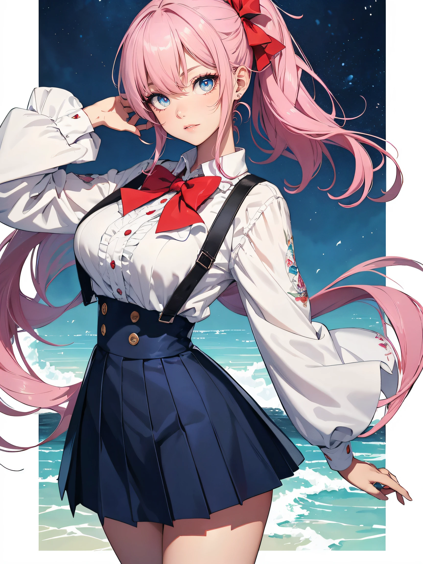 hiquality, hight resolution, ultra-detailliert, high-level image quality, hightquality, anime illustrated, (finely detailed beautiful eye: 1.2), Detailed eye depiction, (finely detailed eyes and detailed face:1.3), (extremely details CG, Best Shadow:1.1), Depth of field and blur, (Perfect Detail: 1.1) , digitial illustration, Enamel Art, Center, Watercolor painting, art stations, concept-art, character sheets, Lightning Wave, beautiful anime watercolors, Vibrant colors, Sharp Focus, art by:hyung tae kim, Fine detail, intricate detailes, highleg, Colossal tits, gargantuan butt、Curvaceous body, Detailed eye depiction, Vibrant colors, Sharp Focus, realistic skin textures、Whip body,Wave Bob Hairstyles , (Pink) Hair color, (Blue) eyeshadows, (Red) Lip color, (white) Bow tie blouse, (navy) Long pleated skirt, (Red) pumps,