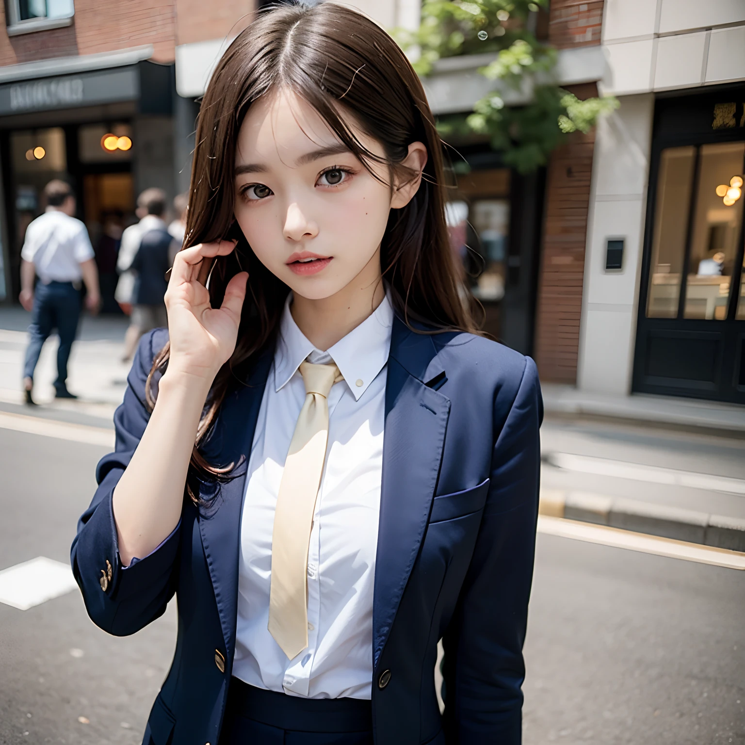 (masutepiece, Best Quality:1.2), 8K, Official art, Full body photo, full body Esbian、Emma fastening her tie.Back angle、turned around、cute butt、Suits、Embarrassing black hair、14years、small tits、Happy、unbelievable Ridiculous, (Upper body, Dark blue suit:1.4), Beautiful Girl, Pretty Face, arching back down, cute panty、Gold hair ornament on hair、Wearing a cute suit、close up, Wearing a suit, Short sleeve, gardenia, violaceaess, Teen, Street, Looking at Viewer, Film grain, chromatic abberation, Sharp Focus, face lights, Dynamic lighting, Cinematic lighting, Eyes and faces with detailed, Bokeh background, (Tie with Emma written on it、1 copy:1.2)