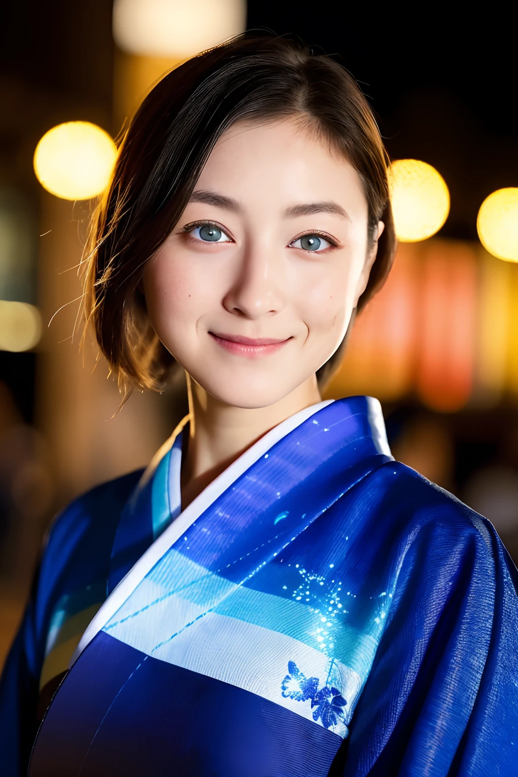 ((masterpiece, top quality, super definition, high definition)), 4K. solo, beautiful girl, shining eyes, perfect eyes, beautiful sister of Japan, blue theme, yukata, background is night fireworks