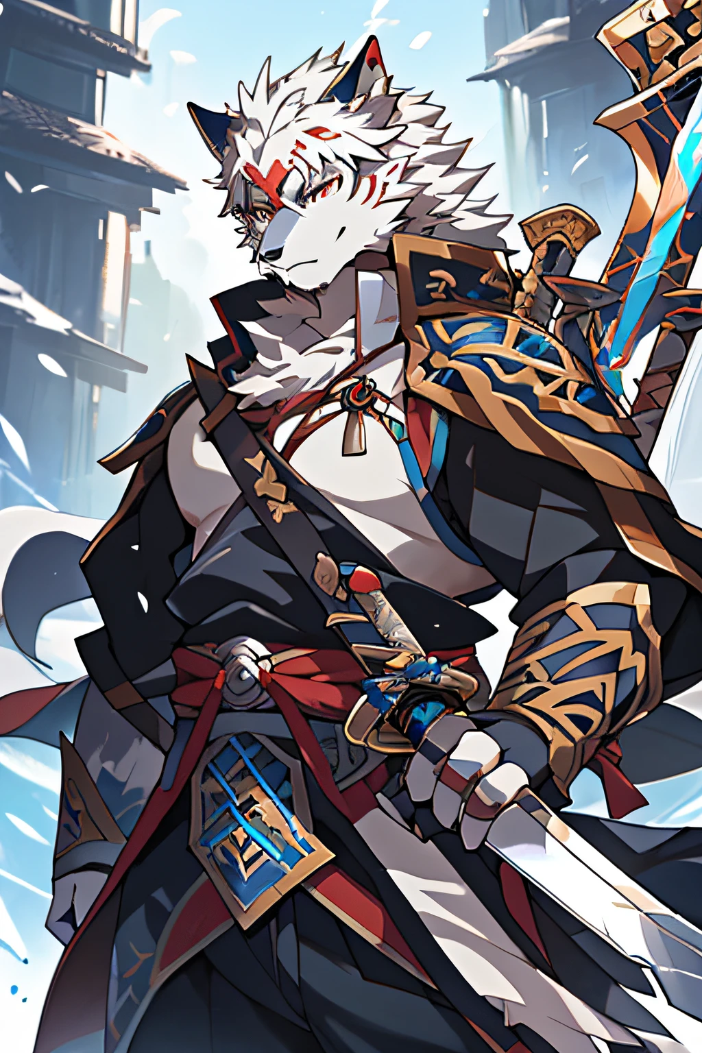 anime, Anime art, White wolf, sword, sword, sword, sword, sword, sword, sword, sword, sword, sword, sword, sword,, From Arknights, handsome guy in demon killer art, Keqing from Genshin Impact, detailed anime character art, crisp clear rpg portrait, trending on artstation pixiv, dnd fantsay art