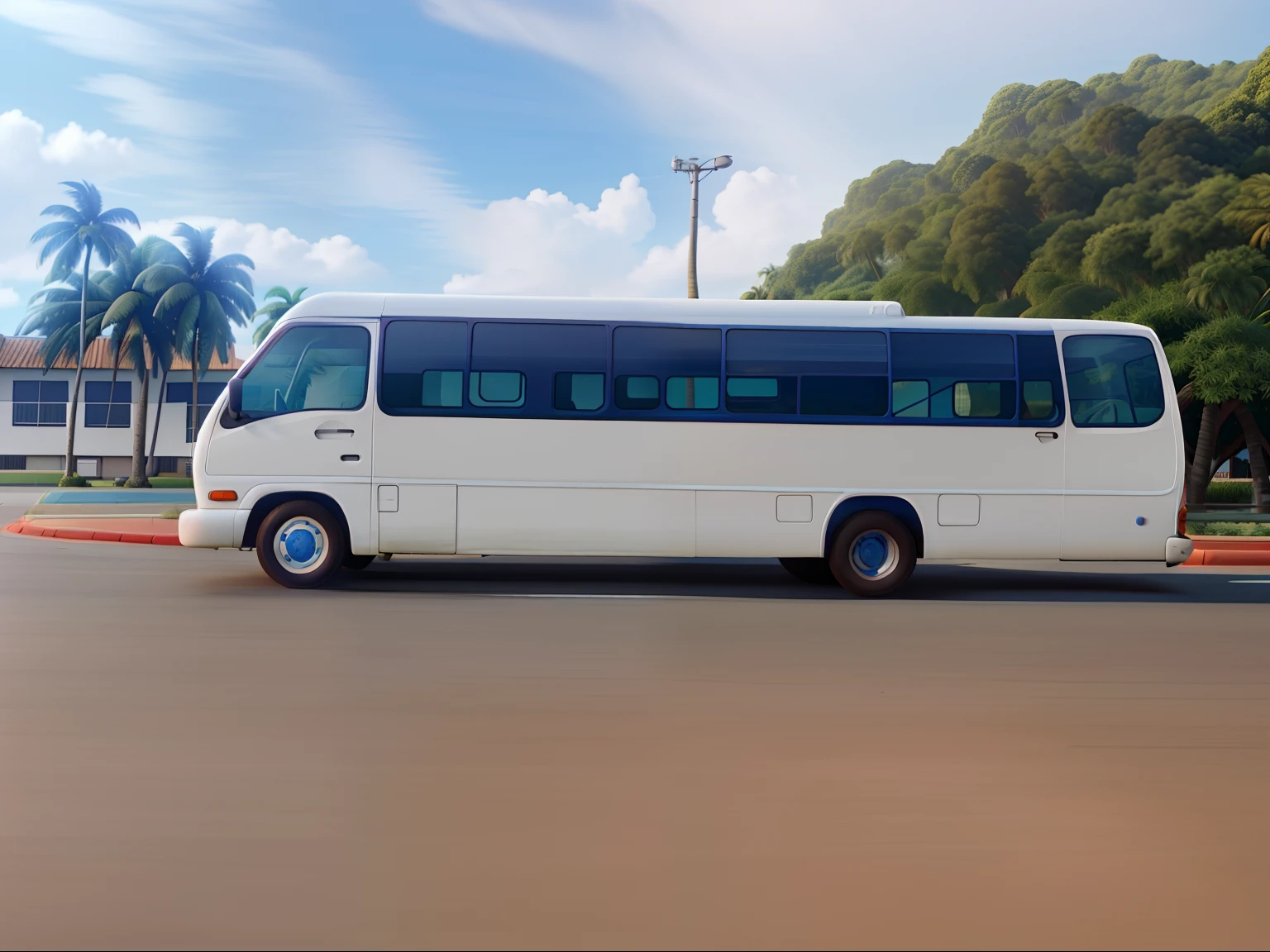 Van-style bus parked on the asphalt, blue skies, In the background, coconut tree, and a one-story building
