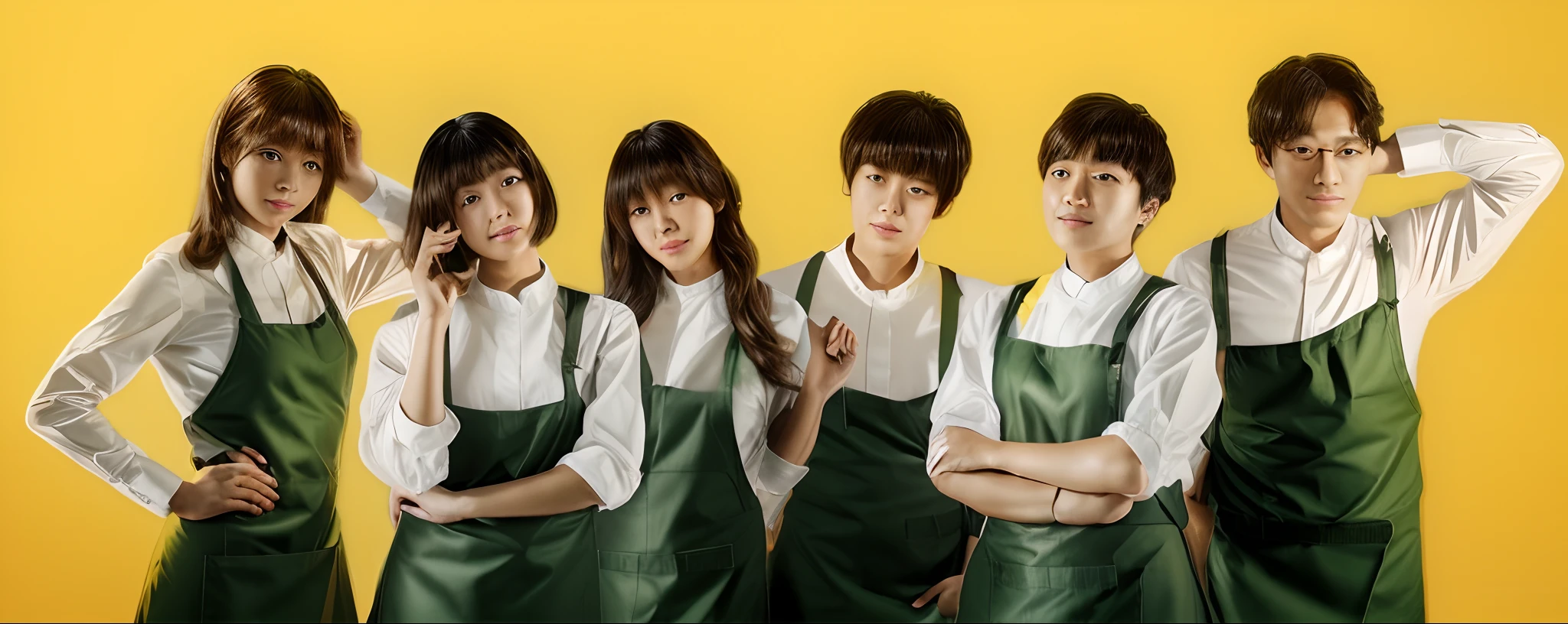 (in 8K、RAW Photography、top-quality、​masterpiece:1.2)、(Best Quality、in 8K、nffsw:1.2)、advertising photography、Professional Photography, promo photo, SLR camera,High quality, Kodak portra 400, 6 café clerks, (Green apron:1.2), white  shirt, Everyone wears the same uniform,  cowboy  shot, promotional image, Bright interior, forward light, photostudio, Yellow wallpaper background