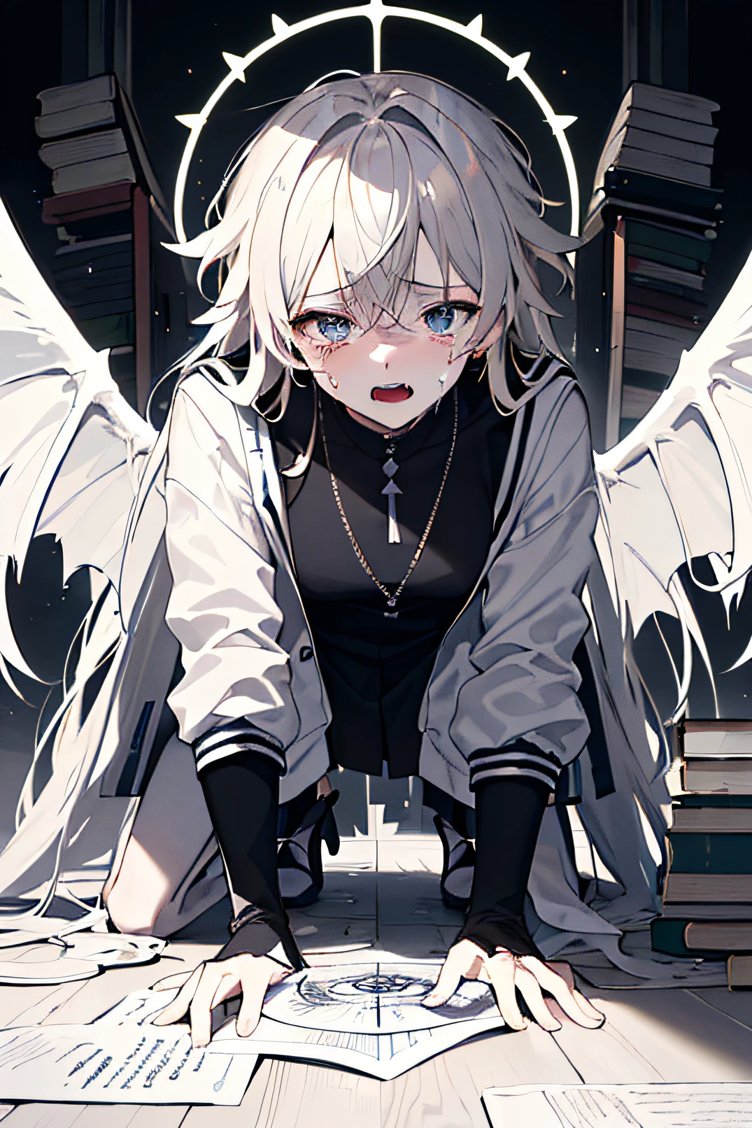 ((((Dramatic)))、(((gritty)))、(((vehement)))The main character is a young female demon, and she is weak in the center.々Sit-in、Wear stylish and edgy outfits、He has a bearish look on his face。The background is dark and rough、It makes you feel horrible。A woman is crouching in the wizard's room。The color palette is predominantly dark、There are splashes of bright colors、It gives a dynamic and visually striking look。 Fashionable, femele, outfits, the pose, the front, Colorful, Dynamic, Background with, element, expresive, ngel, statement, accessorized, The long-haired, coiled, surroundings, touch, The scene, Manteau, covers, Open jacket, captures the attention, tears, stylish, A dark-haired, Catchy, timid, The large, impressive, moderno, Trendy, focus, lo fashion,Devil's Wings,darkened room,crying how bright,The floor is littered with magic books and scrolls, and a magic circle is drawn on the floor。The room is very dark and there is only the light of the cantera。