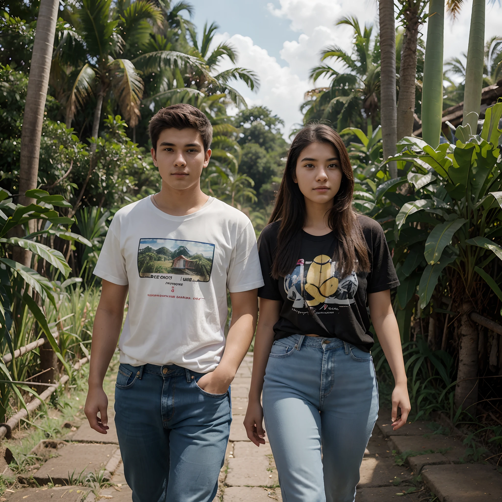 An 18 year old woman and a 20 year old man walking in rice fields and lots of banana trees, wearing t-shirts and jeans