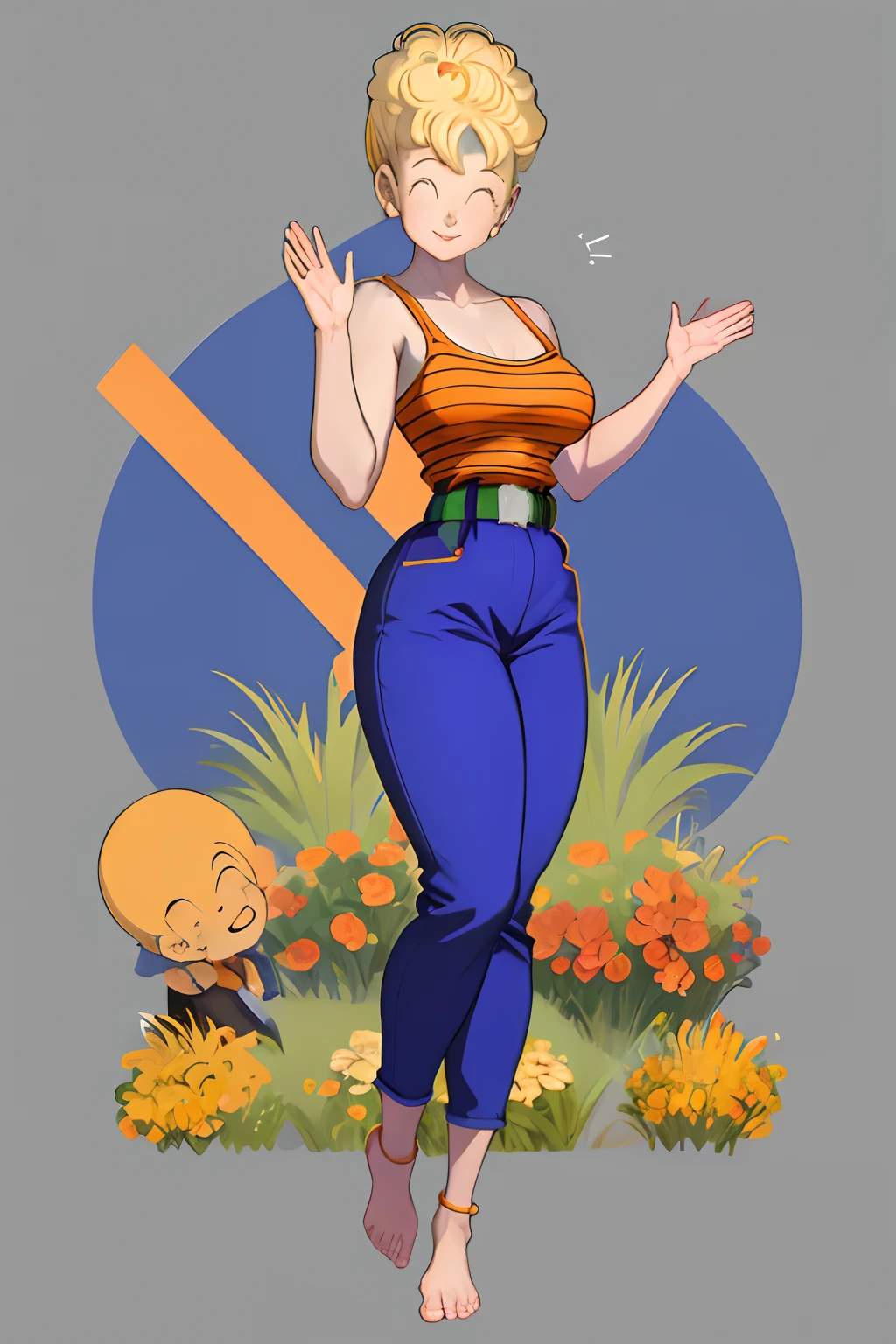 Masterpiece, Best quality, panchy, Orange shirt, No shoulder strap, belt, Blue pants, Closed eyes, cheerfulness, Smile, Closed mouth, Large breasts, waving with right hand，Whole body diagram，standing on your feet