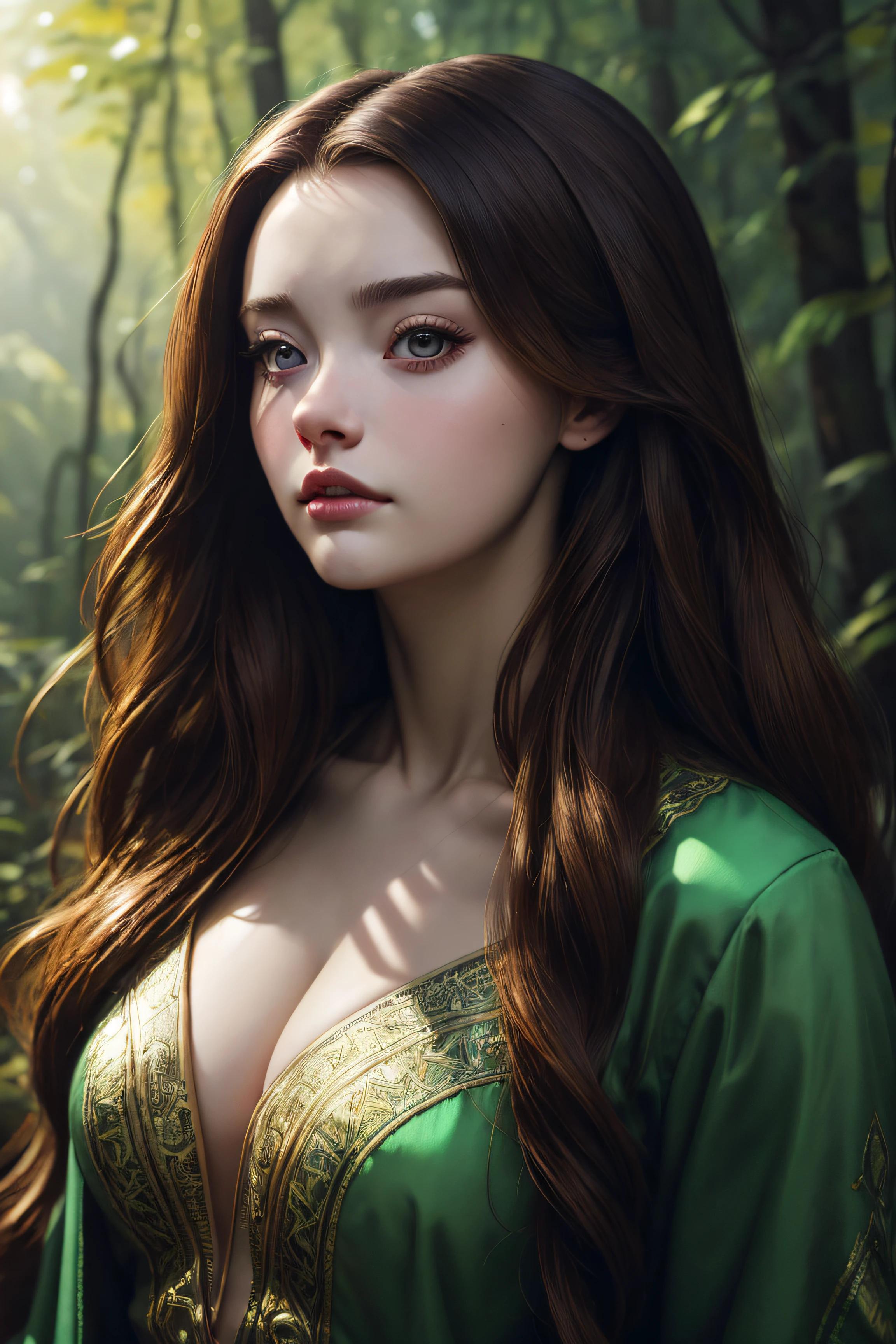 Katherine Langford, wearingelegant sexy clothes, stand in the forest, character portrait, 4 9 9 0 s, long hair, intricate, elegant, highly detailed, digital painting, artstation, concept art, smooth, sharp focus, illustration, art by wlop, charlie bowater and alexandra fomina