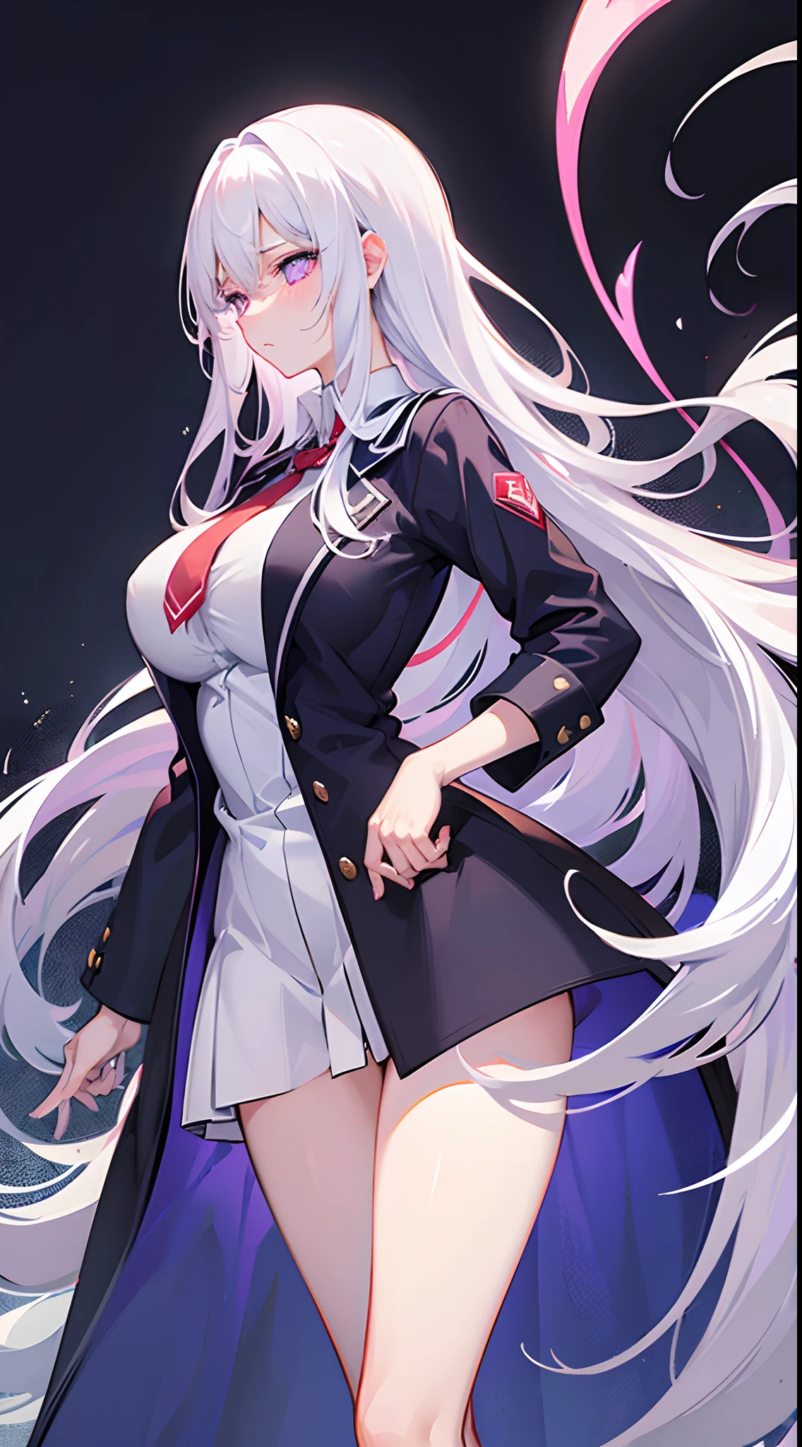 A woman with long white hair and light purple eyes...............Wearing a school uniform...... Slim profile, Fair-skinned, large boobs, Sexy. He blushed slightly.....Look with displeasure. On Mobile Sickle