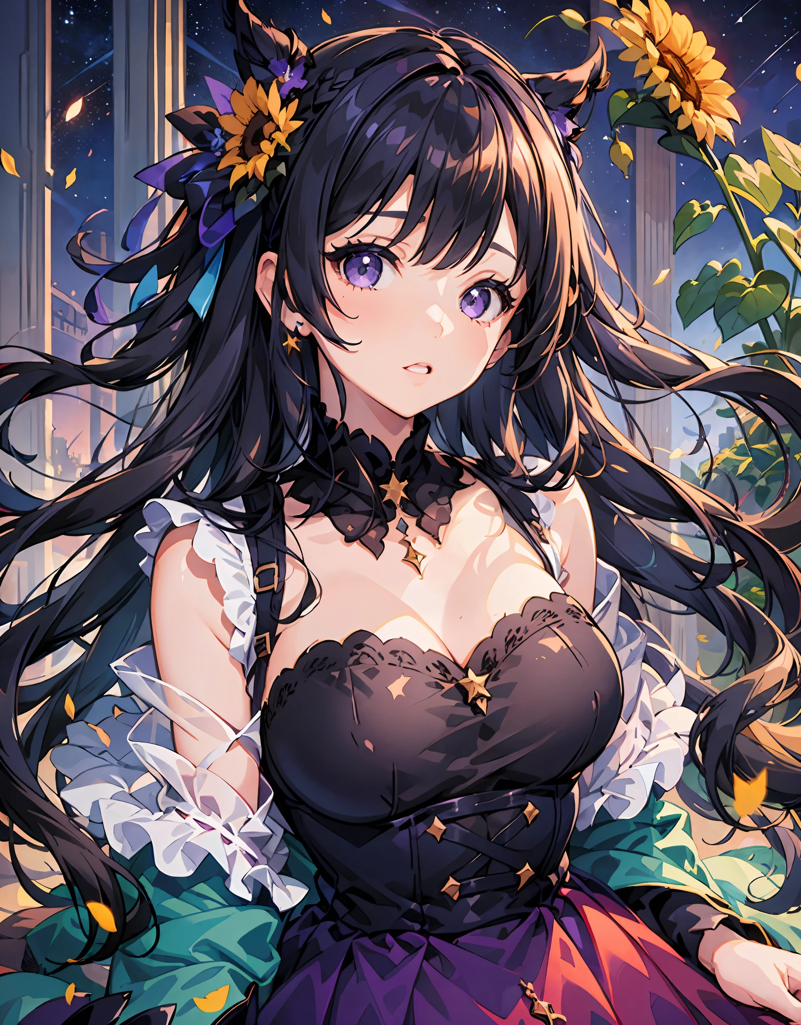 1 girl in、(((ultra-detailliert)))、(((​masterpiece))、((illustratio))、Purple Dress、curvaceous woman、Black to purple gradient long hair、Huge Digital Harajuku World、starry eyes like the night sky、Soaring sunflower petals、