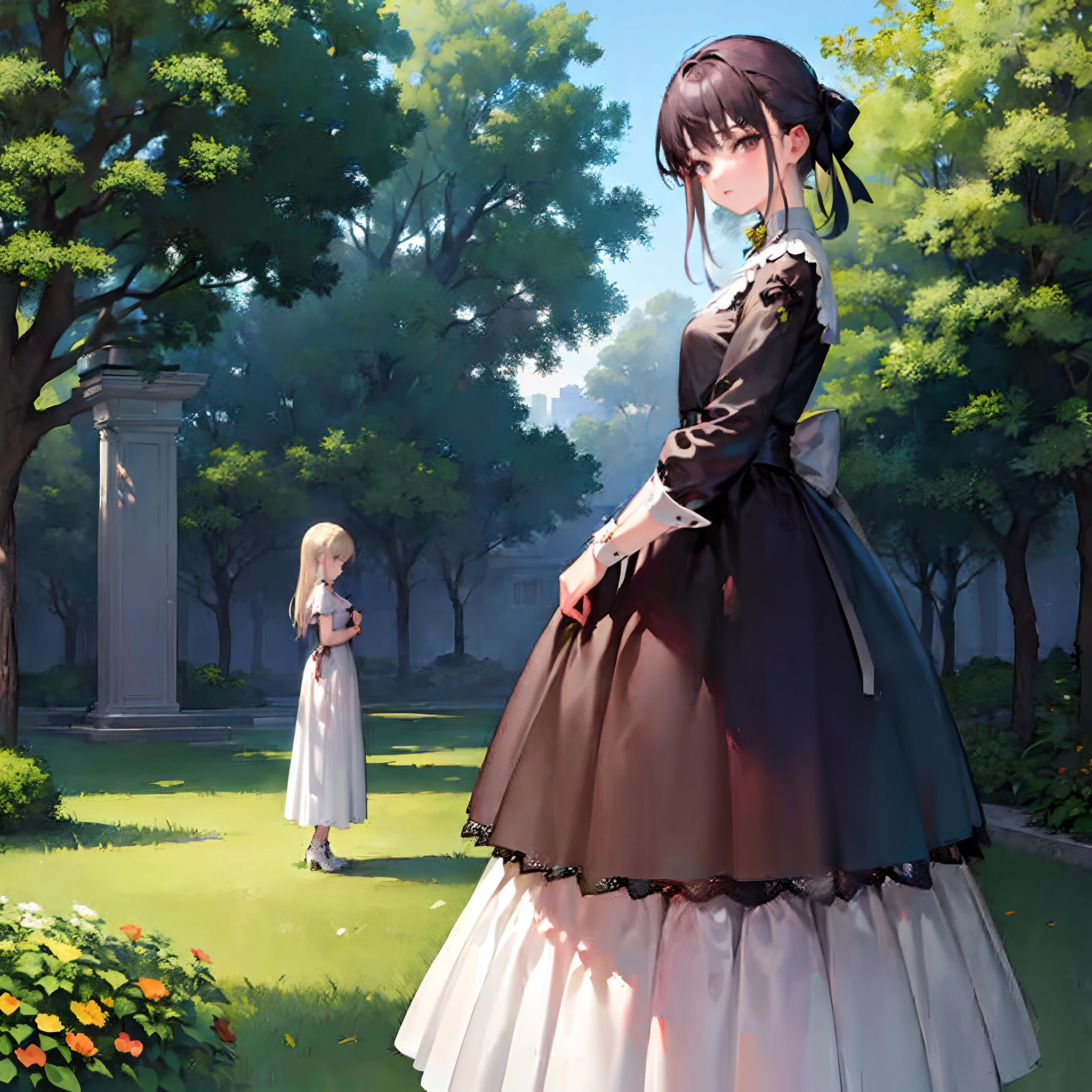 (​masterpiece、top-quality、top-quality、Official art、Beautifully Aesthetic:1.2)、((1girl in))、Stand in the garden、looking at the viewers、(Longer dress)