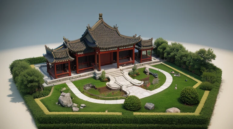 A 3D Chinese garden carved from a
large piece of white jade, colored
ink style, CG rendering --ar 2:3 --q