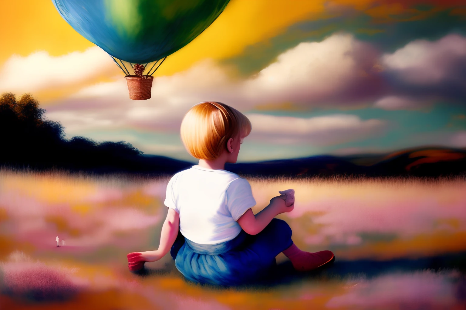 A scene that combines the lush landscape of Monet's paintings with the surreal sky of "Vanilla Sky". COME ON: The blond-haired child would be playing happily in the field, Maybe holding a colorful balloon, com um sorriso radiante. The Psychologist Girl, de cabelos pretos, I'd be sitting in a nearby chair, com um olhar atento e acolhedor, pronta para conversar e ajudar, com uma postura serena e confiante. O ambiente ao redor seria repleto de cores suaves, with a sky that mixes surreal and vibrant tones, Like the sky in the movie "Vanilla Sky", adding an atmosphere of calm and mystery to the scene.