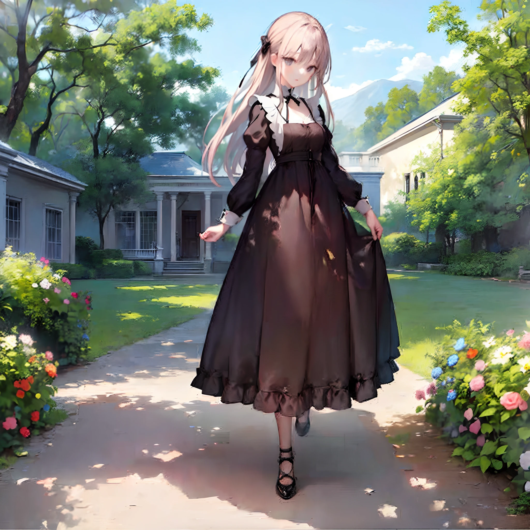 (​masterpiece、top-quality、top-quality、Official art、Beautifully Aesthetic:1.2)、((1girl in))、Stand in the garden、looking at the viewers、(Longer dress)