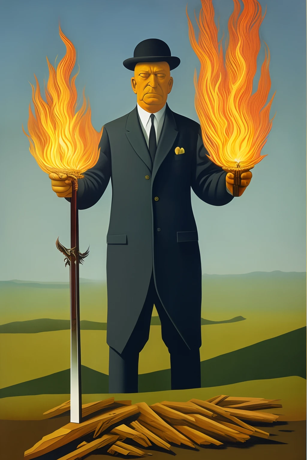 homer from the simpsons holding a sword made of fire, slaying dragon, rene magritte, Surrealism, Highly detailed, Fantasy