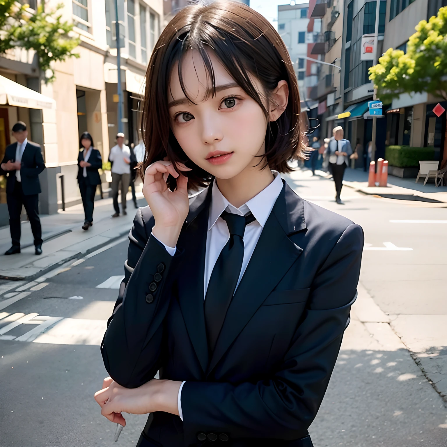 (masutepiece, Best Quality:1.2), 8K, Official art, Full body photo, full body Esbian、Emma fastening her tie.Back angle、turned around、cute butt、Suits、Embarrassing black hair、years、small tits、Happy、unbelievable Ridiculous, (Upper body, Dark blue suit:1.4), Beautiful Girl, Pretty Face, arching back down, cute panty、Gold hair ornament on hair、Wearing a cute suit、close up, Wearing a suit, Short sleeve, gardenia, violaceaess, Teen, Street, Looking at Viewer, Film grain, chromatic abberation, Sharp Focus, face lights, Dynamic lighting, Cinematic lighting, Eyes and faces with detailed, Bokeh background, (Tie with Emma written on it、1 copy:1.2)