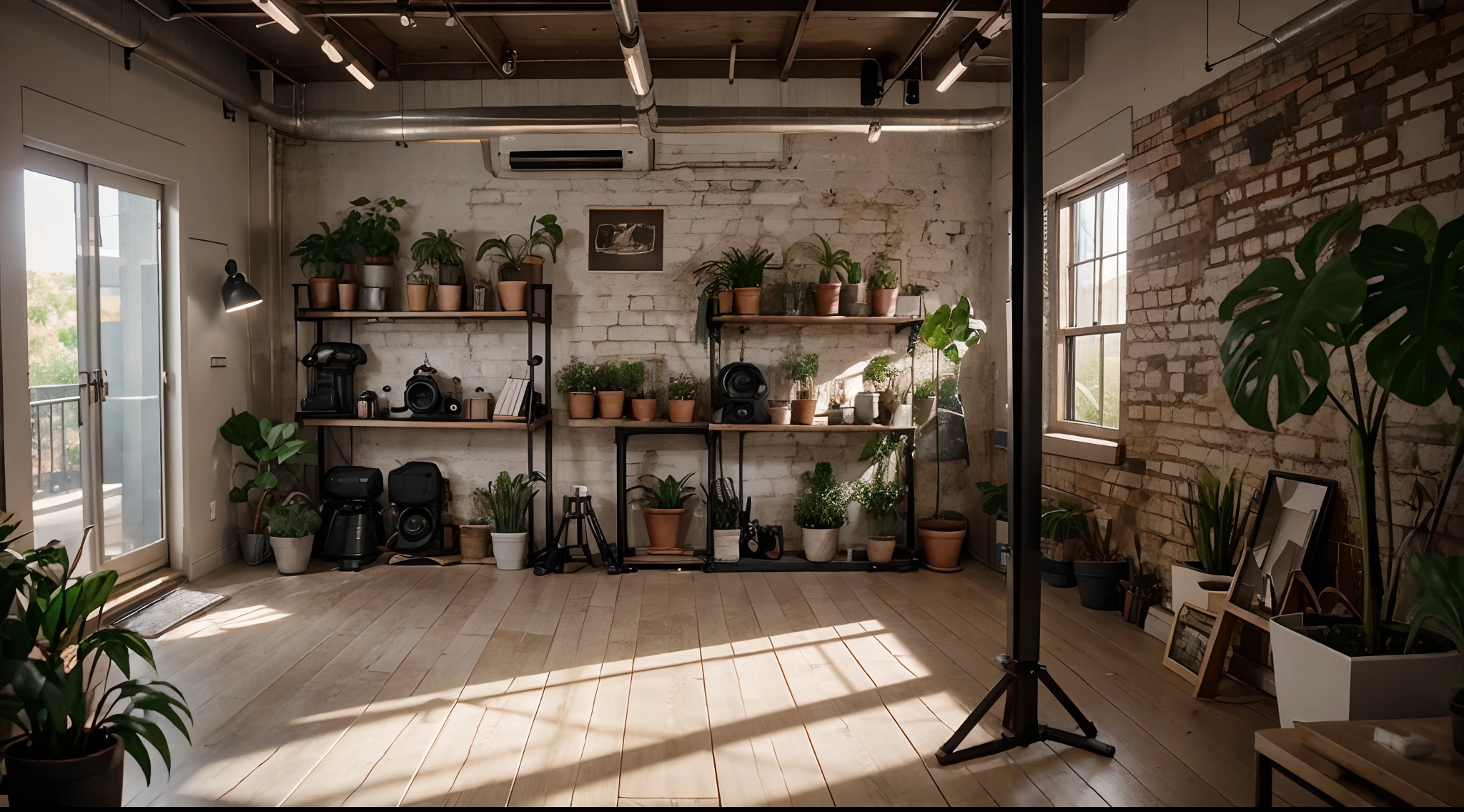 A YouTube studio with camera
equipment on shelves, some plants and a light. Blender style.
Exposed brick walls complement the raw industrial aesthetic, offset by the softness of the plants and the gleaming camera egatment. Blender style, cinematic lighting. Golden hour glow, 8K, Ultra-HD,